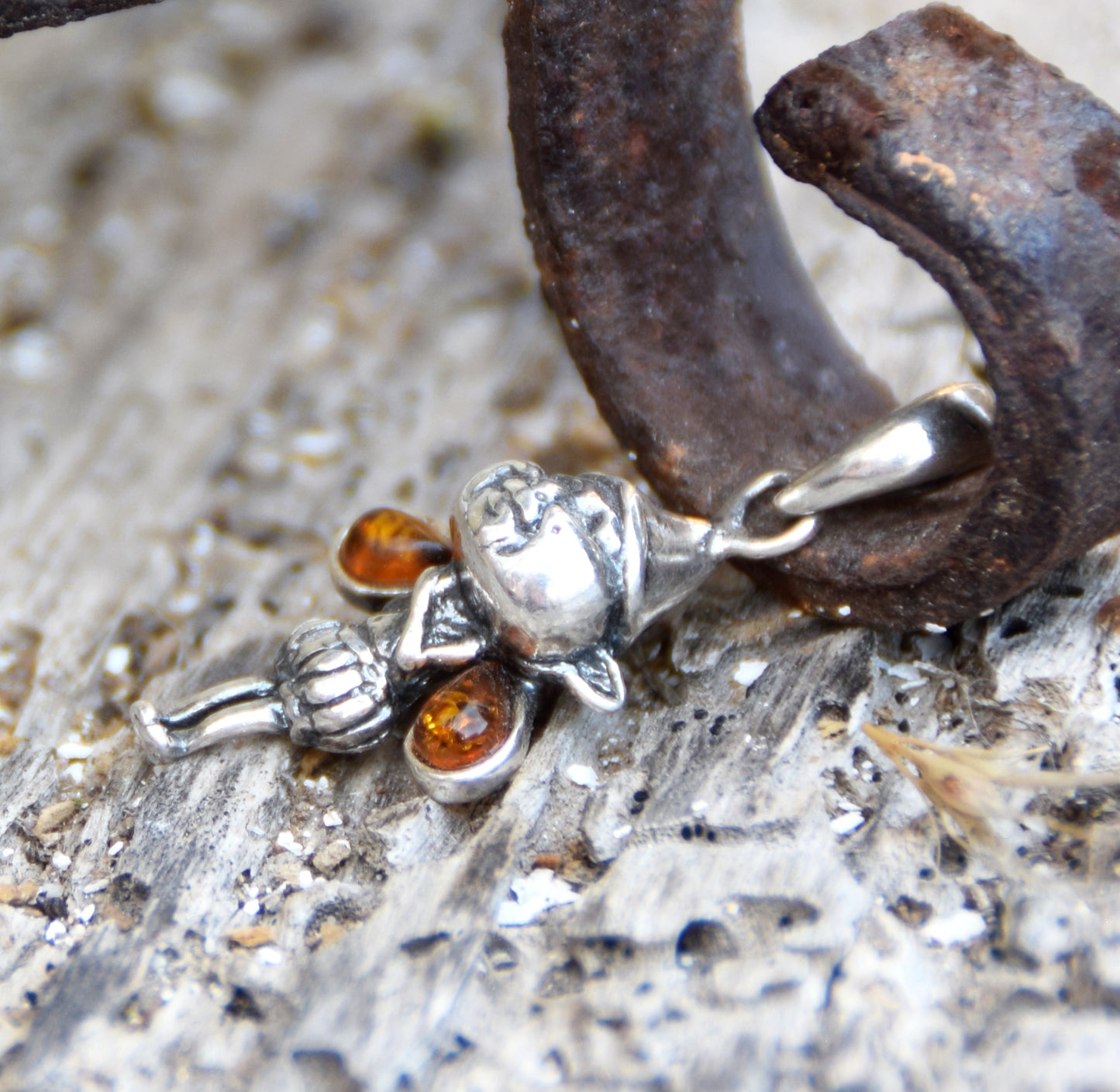 Delicate pendant with forest gnome in cognac natural Amber and 925 Silver, MJ Baltica, BW317