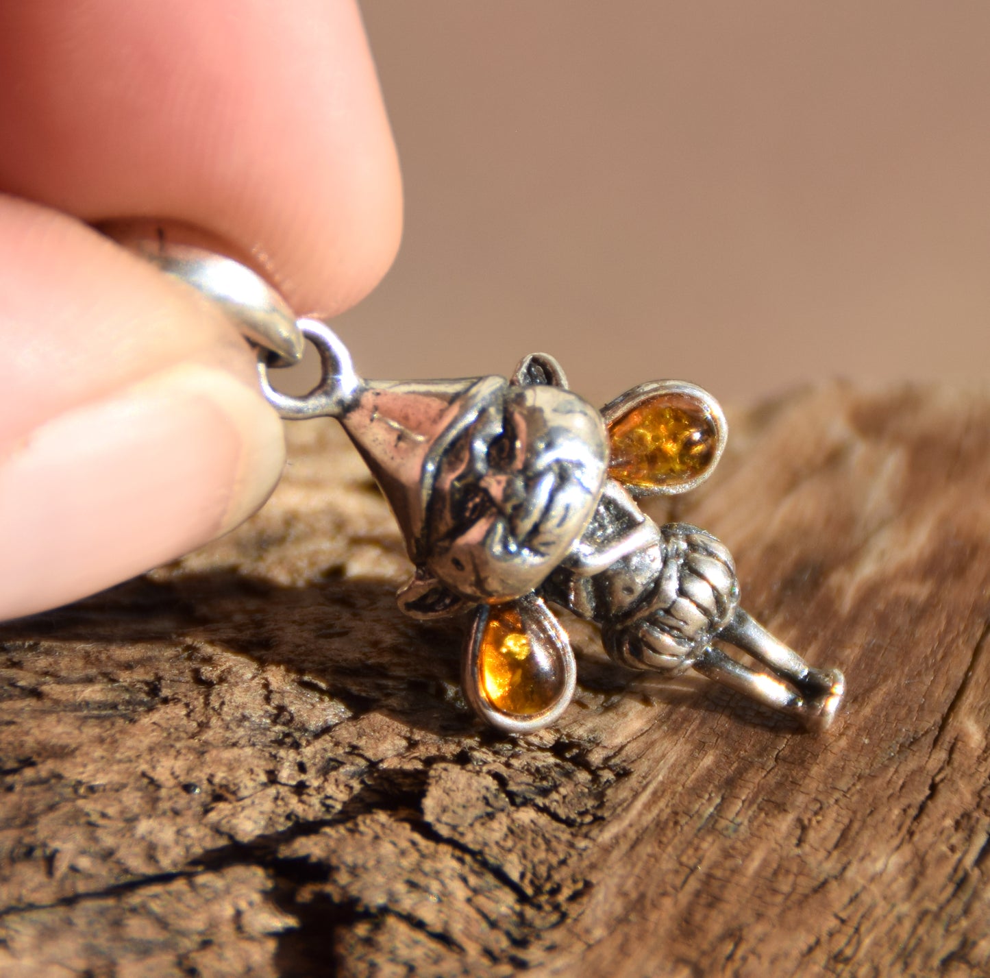 Delicate pendant with forest gnome in cognac natural Amber and 925 Silver, MJ Baltica, BW317