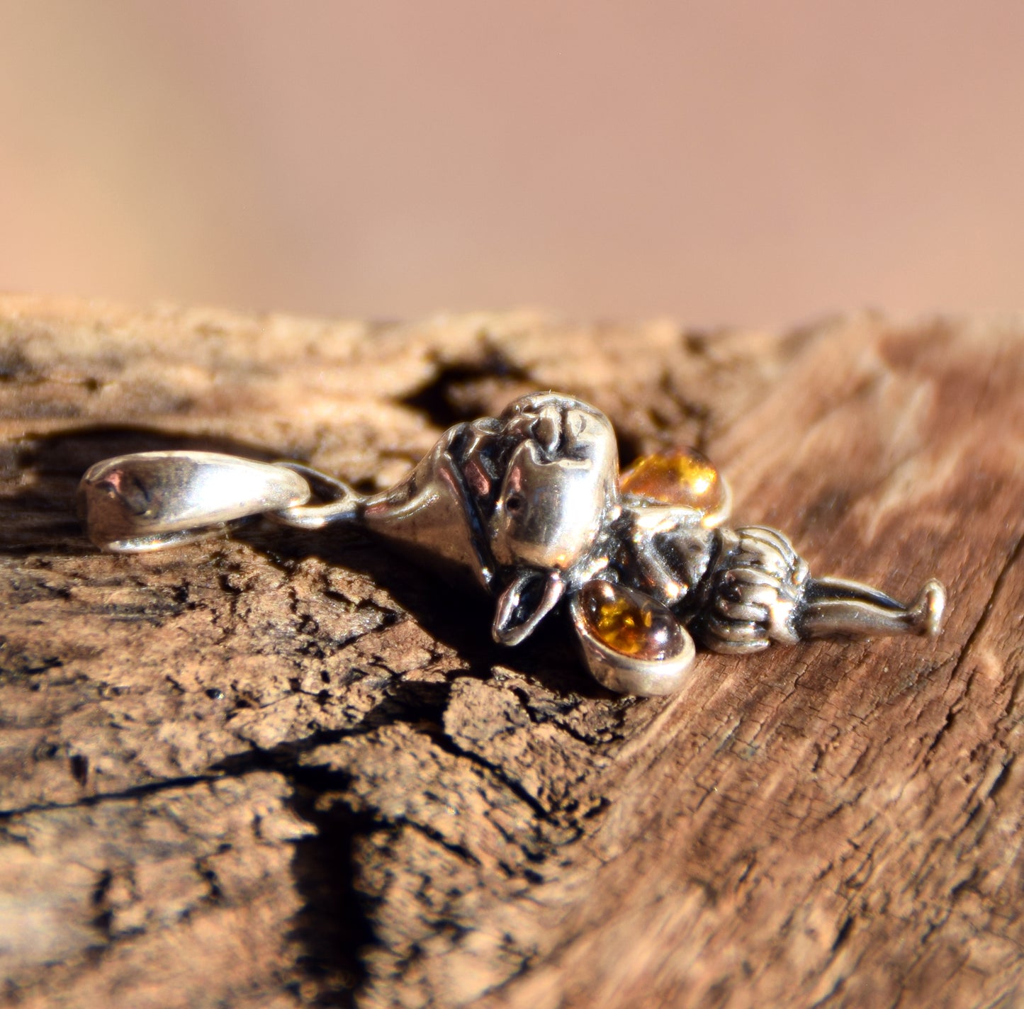 Delicate pendant with forest gnome in cognac natural Amber and 925 Silver, MJ Baltica, BW317