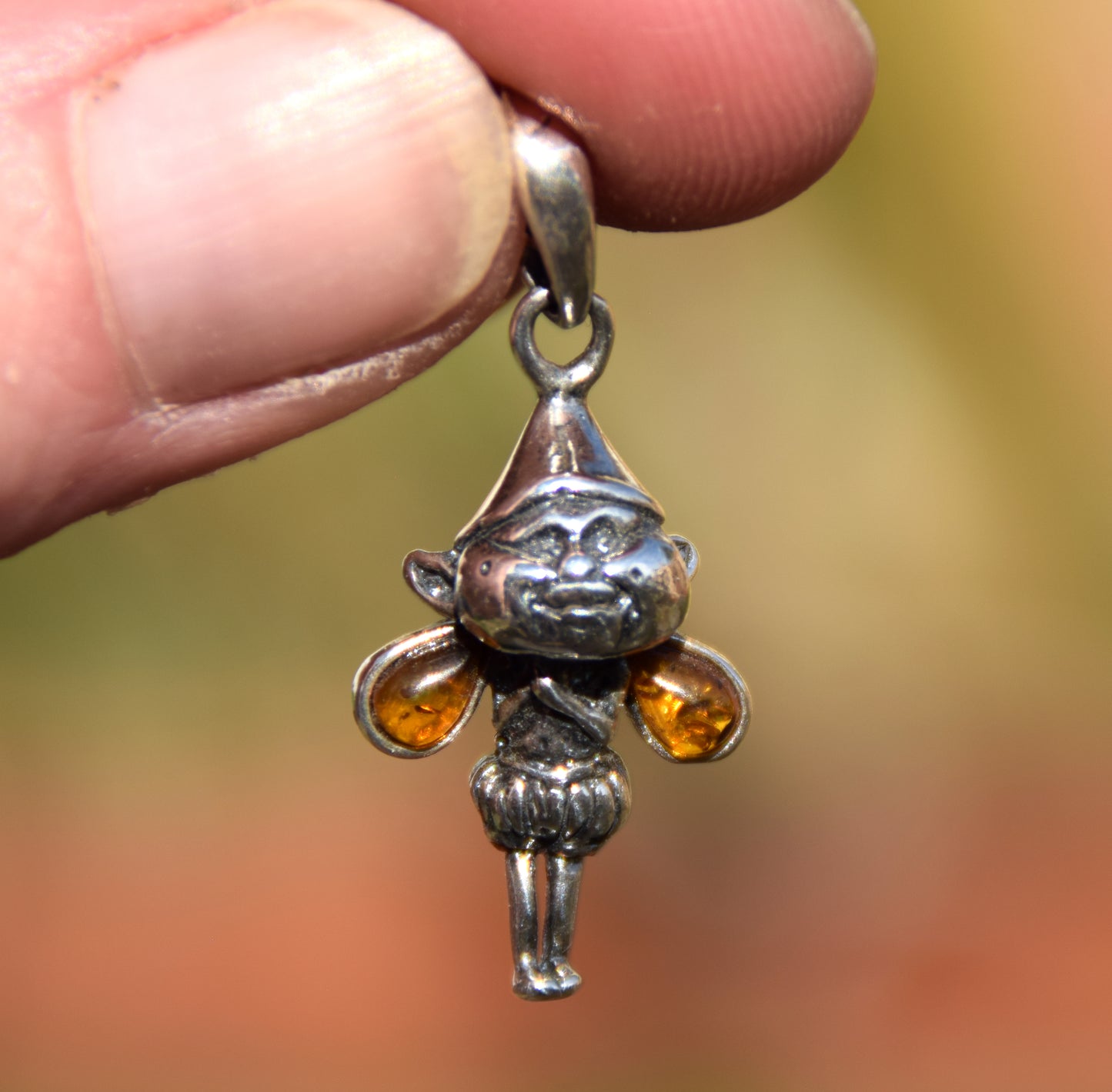 Delicate pendant with forest gnome in cognac natural Amber and 925 Silver, MJ Baltica, BW317