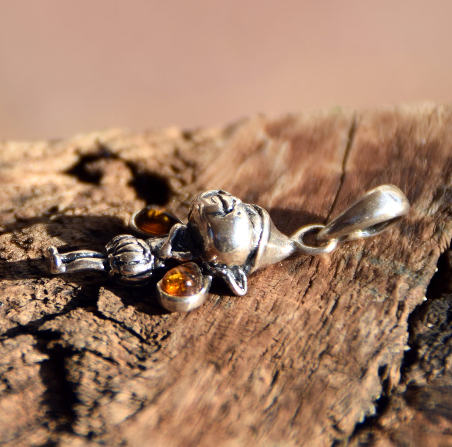 Delicate pendant with forest gnome in cognac natural Amber and 925 Silver, MJ Baltica, BW317