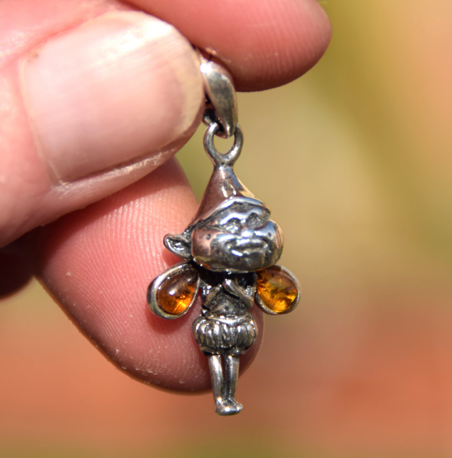 Delicate pendant with forest gnome in cognac natural Amber and 925 Silver, MJ Baltica, BW317