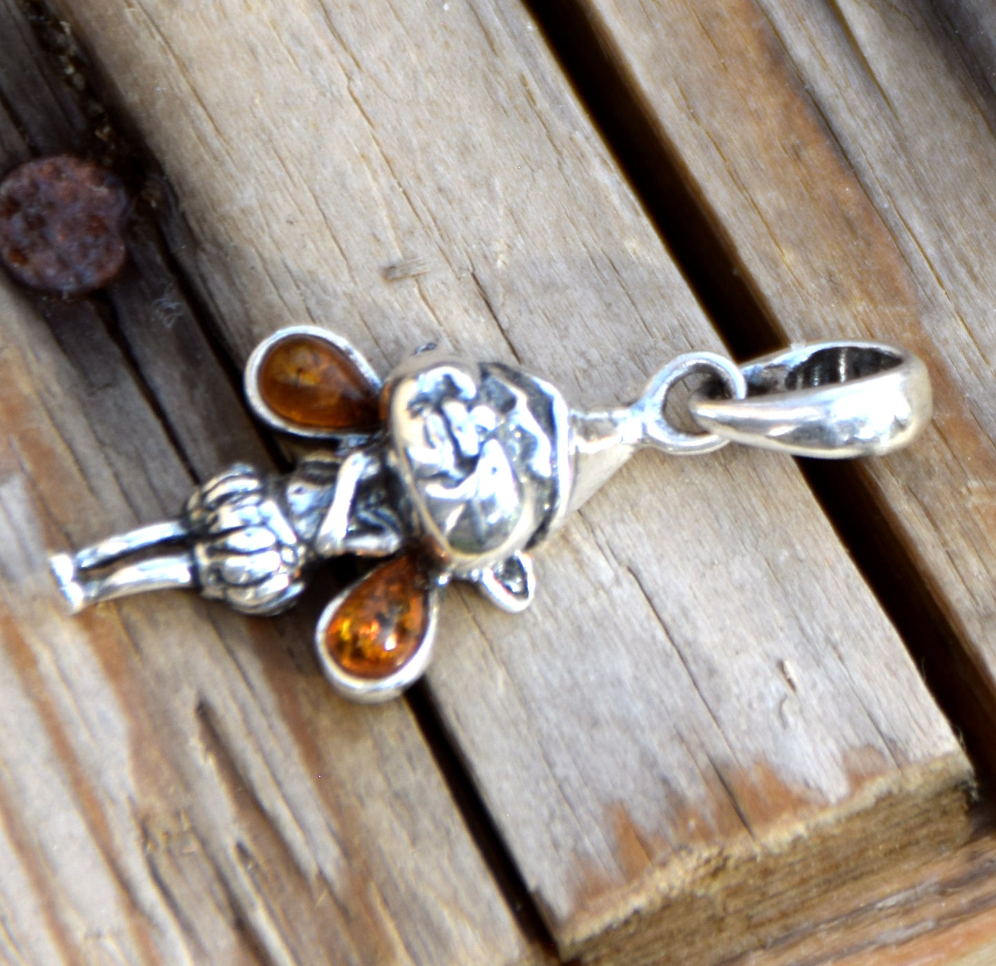 Delicate pendant with forest gnome in cognac natural Amber and 925 Silver, MJ Baltica, BW317