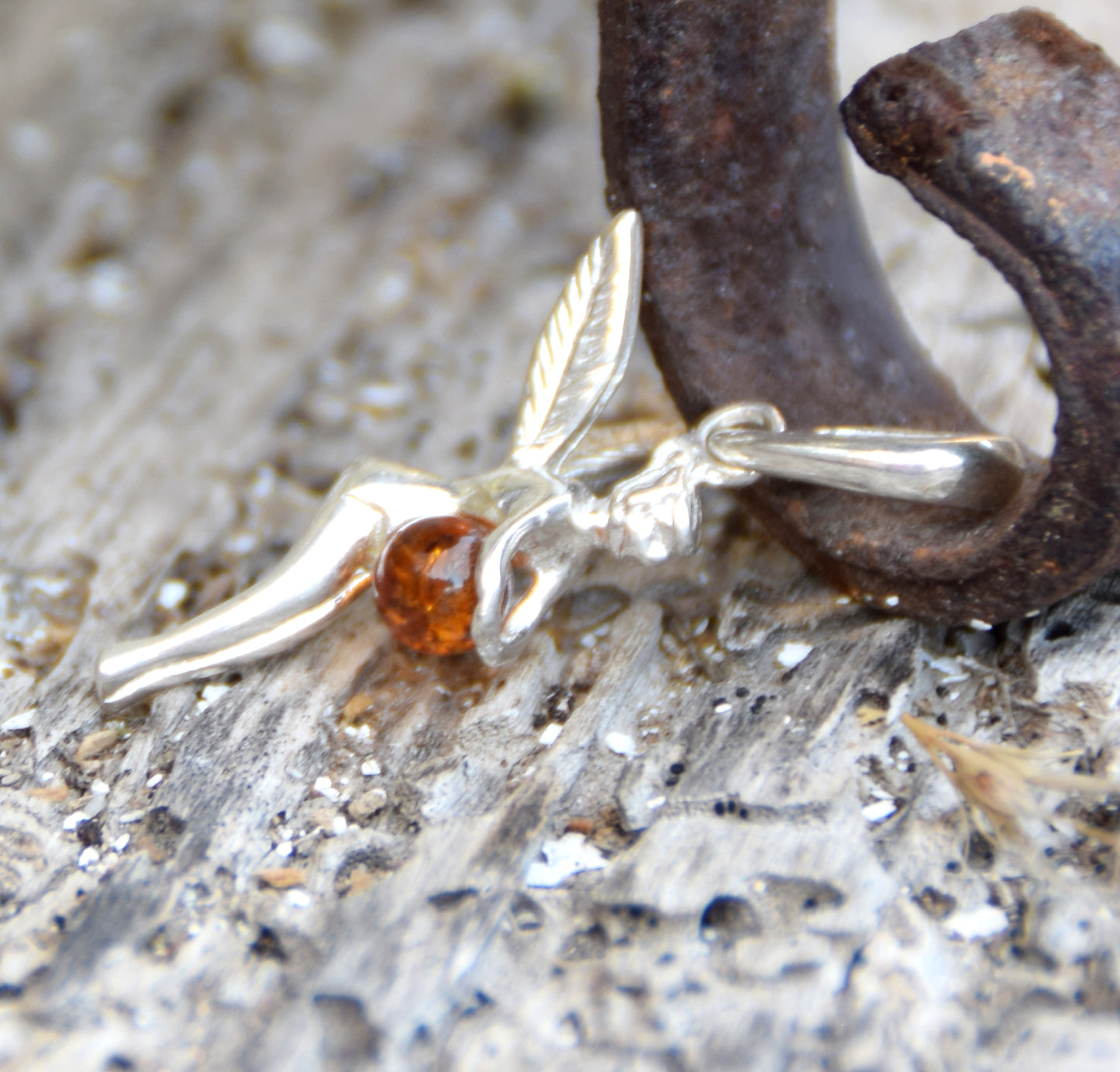 Delicate cognac-coloured natural Amber and 925 Silver fairy pendant, MJ Baltica, BW319