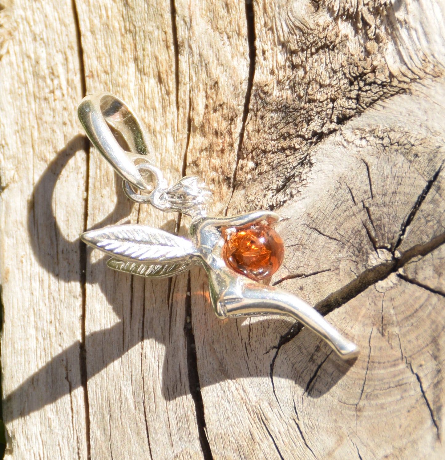 Delicate cognac-coloured natural Amber and 925 Silver fairy pendant, MJ Baltica, BW319