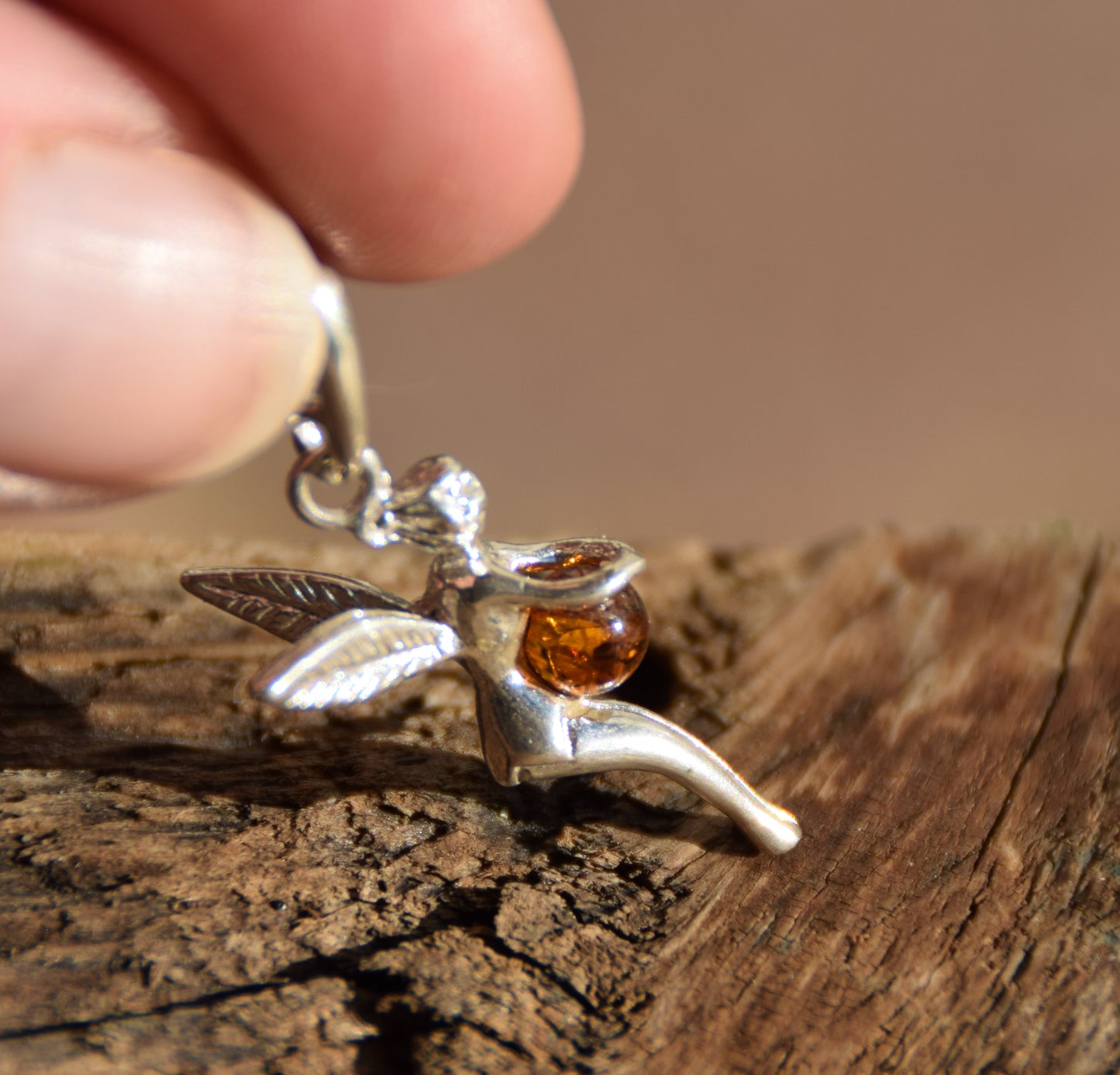 Delicate cognac-coloured natural Amber and 925 Silver fairy pendant, MJ Baltica, BW319