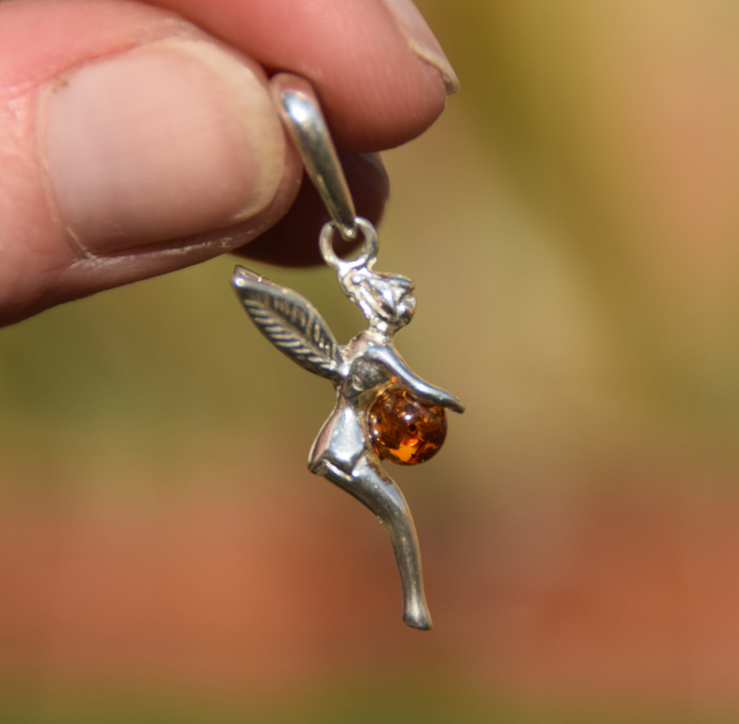 Delicate cognac-coloured natural Amber and 925 Silver fairy pendant, MJ Baltica, BW319