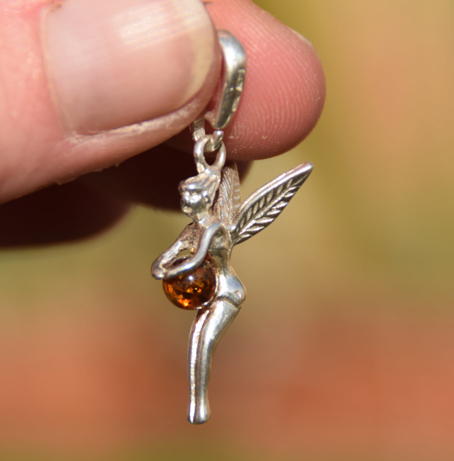 Delicate cognac-coloured natural Amber and 925 Silver fairy pendant, MJ Baltica, BW319