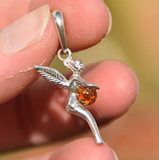 Delicate cognac-coloured natural Amber and 925 Silver fairy pendant, MJ Baltica, BW319