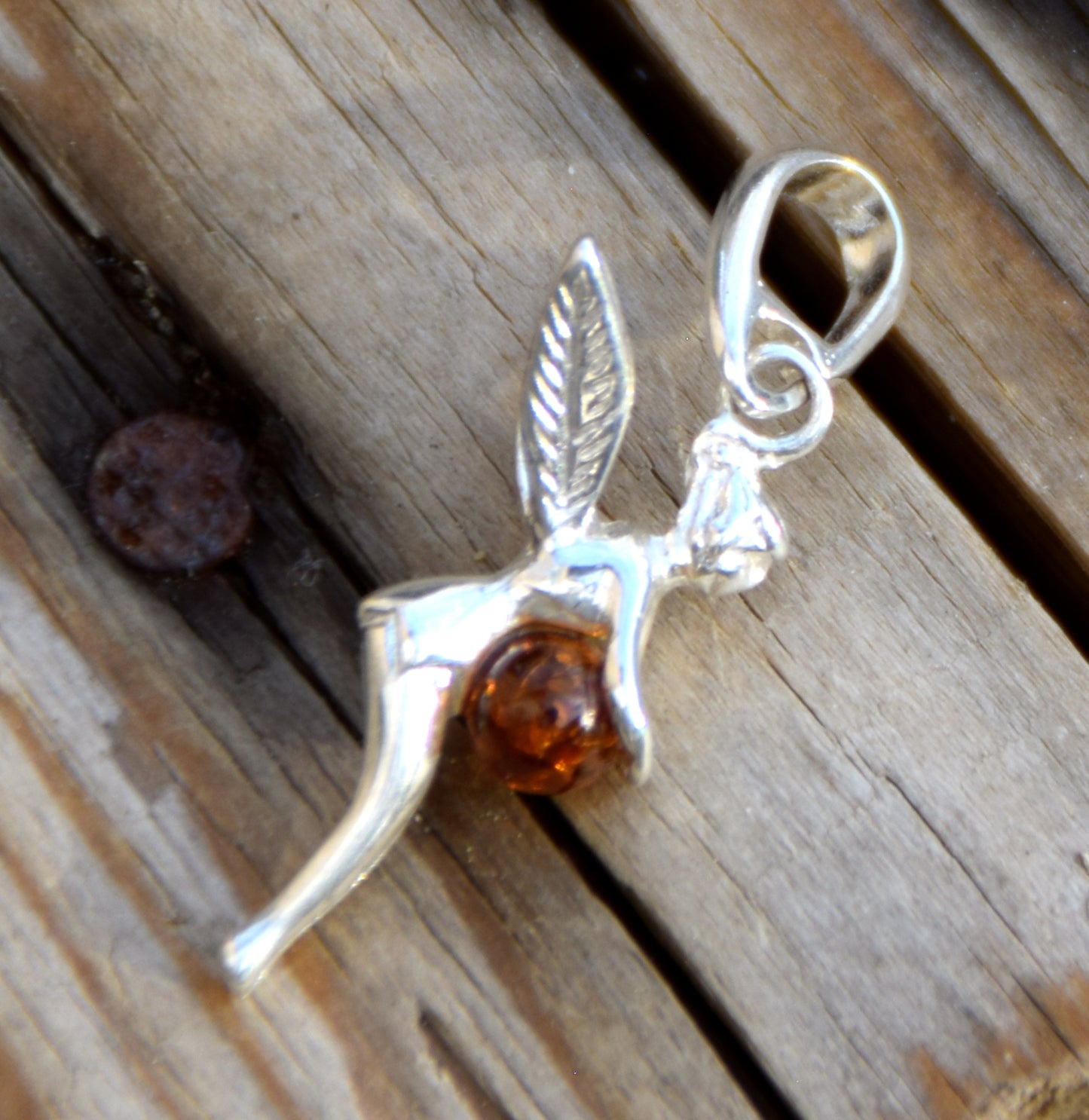 Delicate cognac-coloured natural Amber and 925 Silver fairy pendant, MJ Baltica, BW319