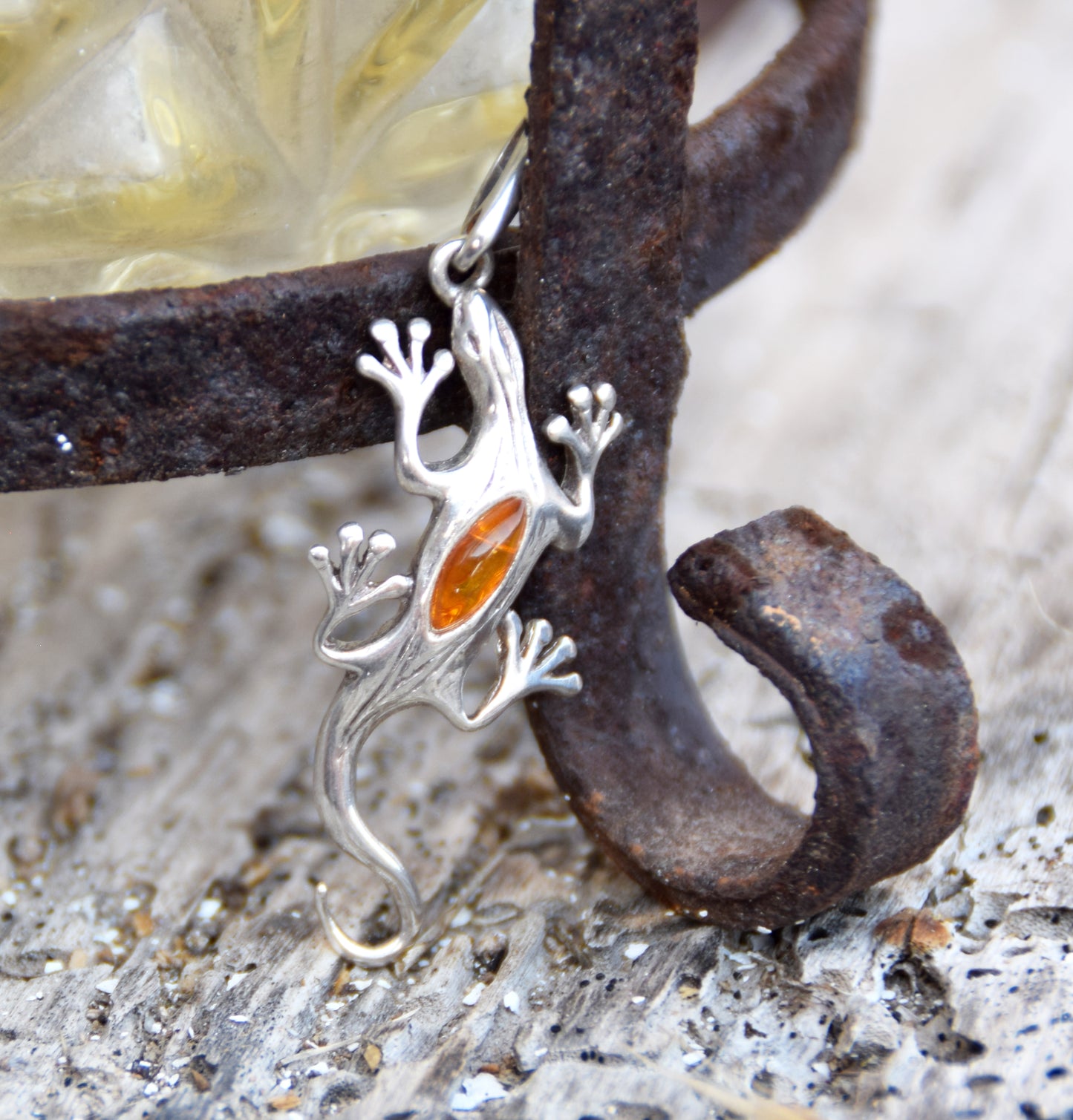 Bright pendant with good luck gecko in cognac brown natural Amber and 925 Sterling Silver, MJ Baltica, BW321