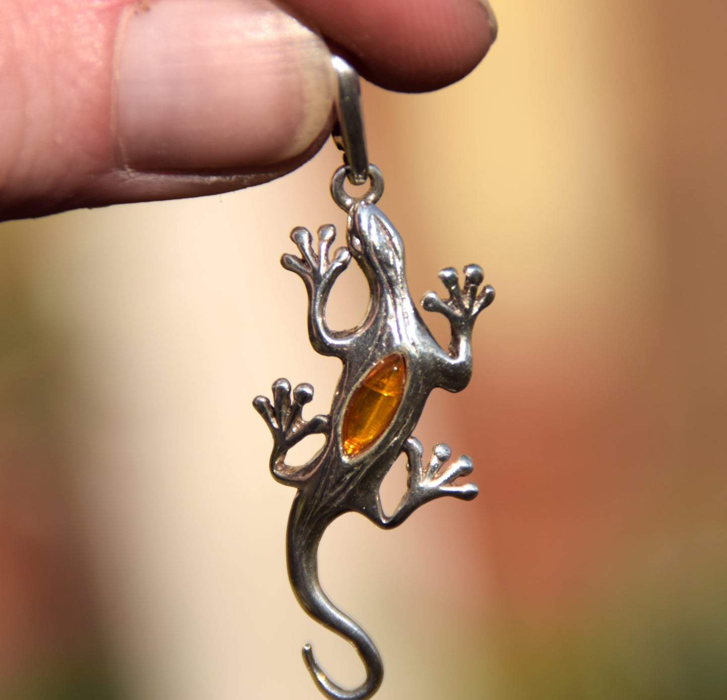 Bright pendant with good luck gecko in cognac brown natural Amber and 925 Sterling Silver, MJ Baltica, BW321