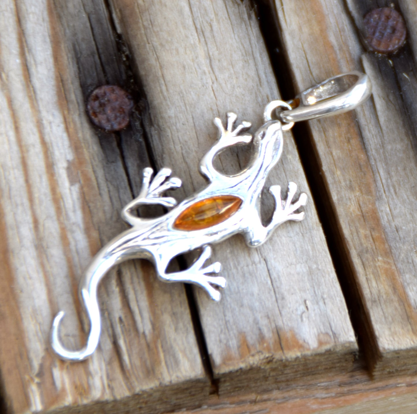 Bright pendant with good luck gecko in cognac brown natural Amber and 925 Sterling Silver, MJ Baltica, BW321