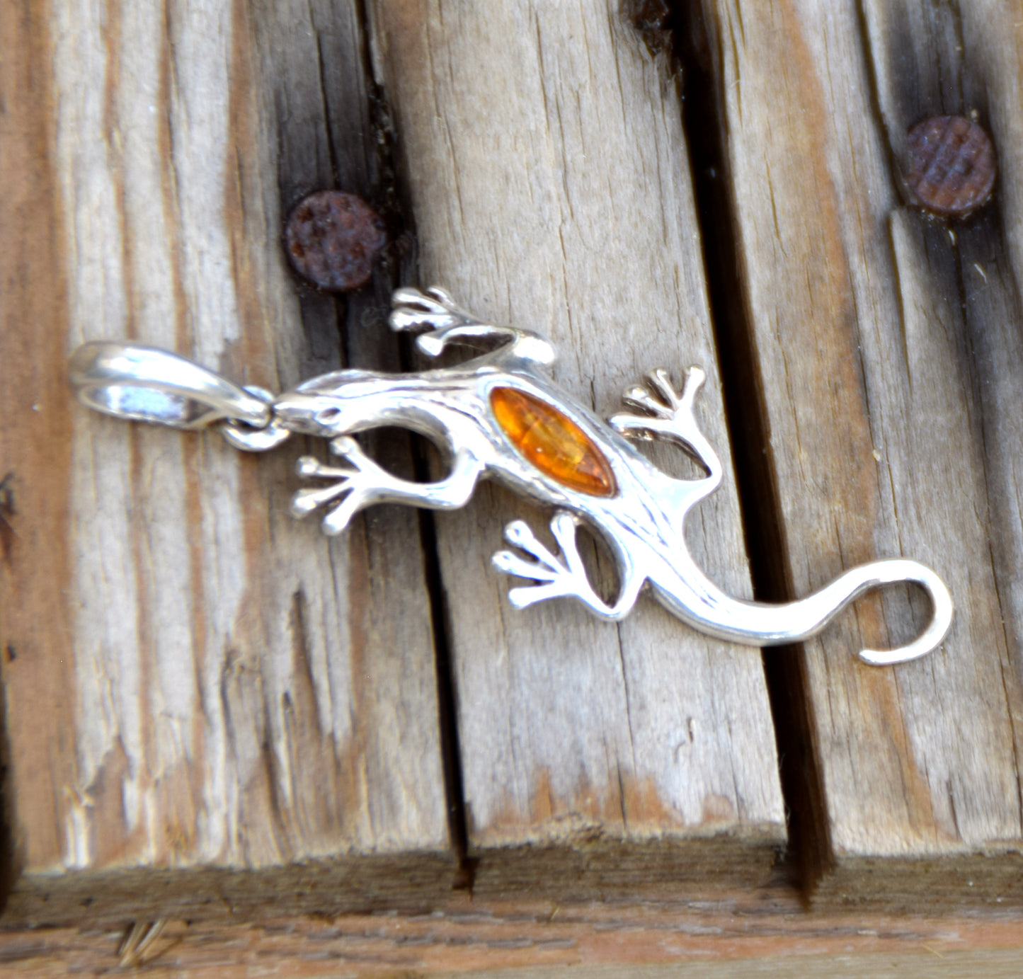 Bright pendant with good luck gecko in cognac brown natural Amber and 925 Sterling Silver, MJ Baltica, BW321