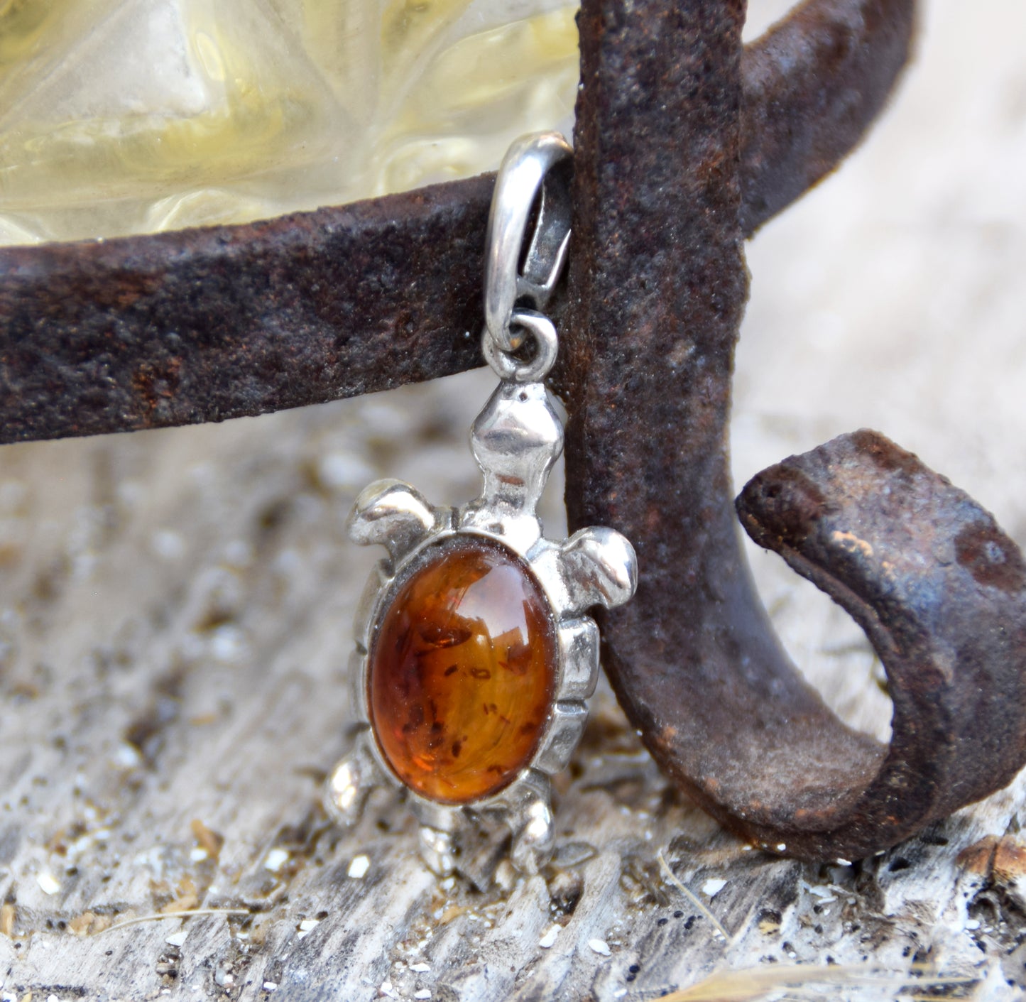 Luminous cognac brown natural Amber and 925 Sterling Silver turtle pendant, MJ Baltica, BW322