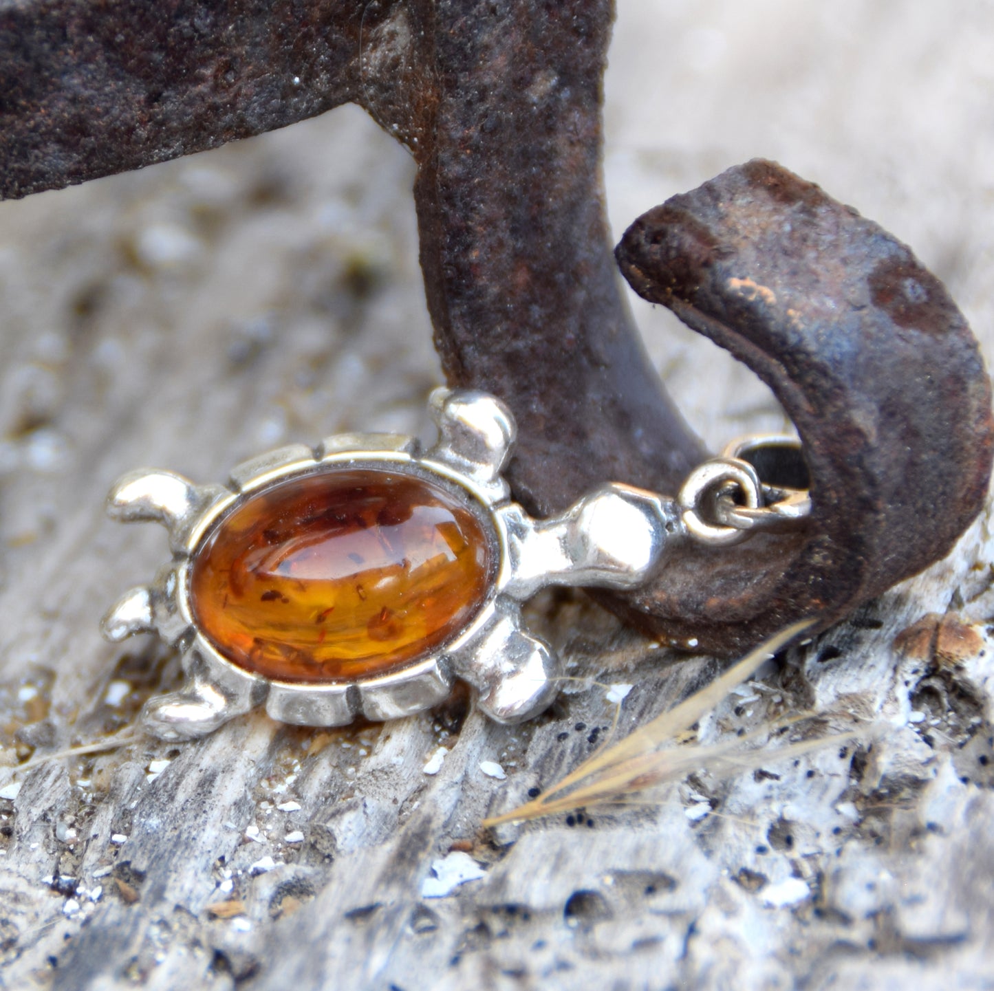 Luminous cognac brown natural Amber and 925 Sterling Silver turtle pendant, MJ Baltica, BW322