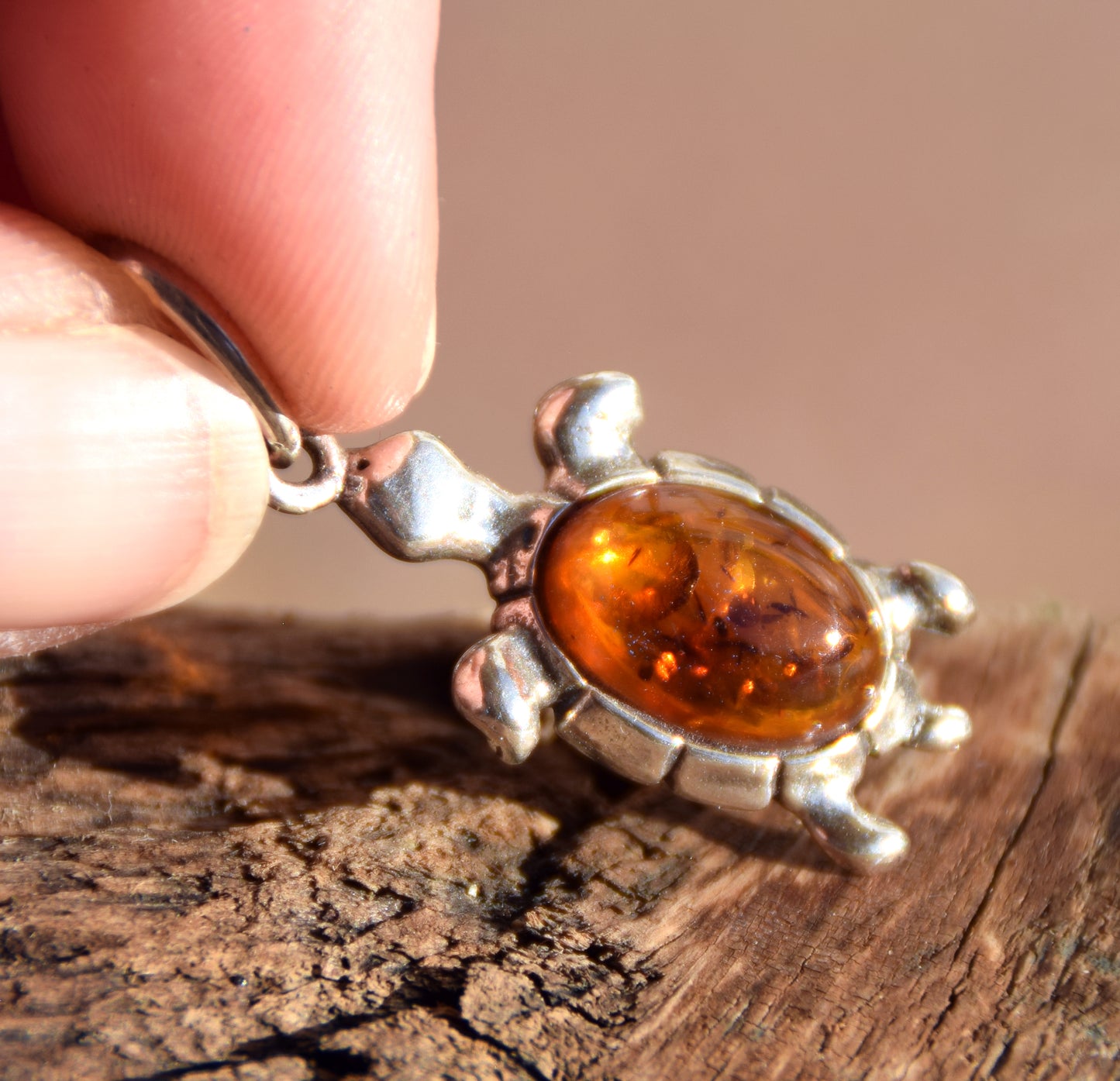 Luminous cognac brown natural Amber and 925 Sterling Silver turtle pendant, MJ Baltica, BW322