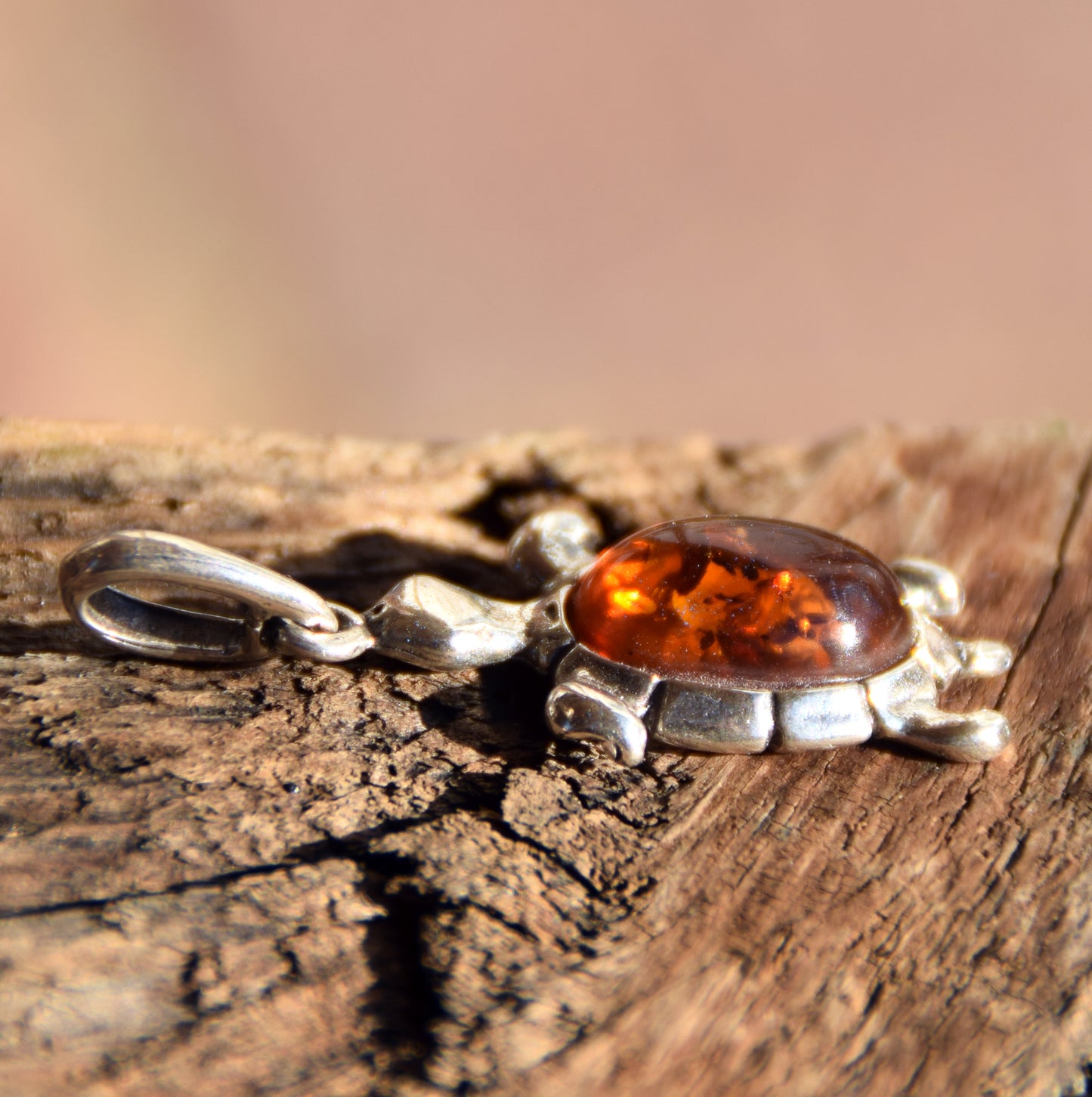 Luminous cognac brown natural Amber and 925 Sterling Silver turtle pendant, MJ Baltica, BW322