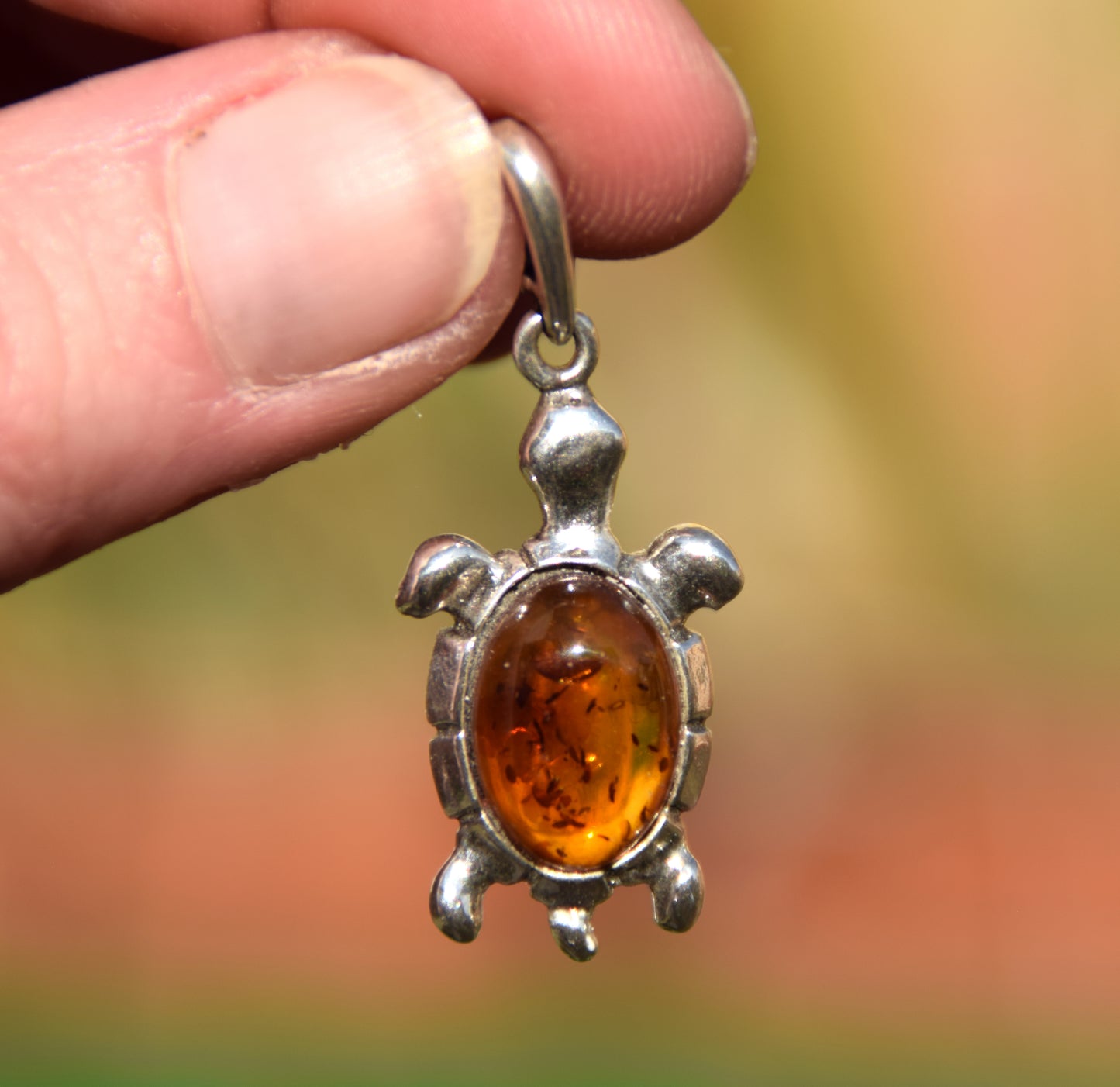 Luminous cognac brown natural Amber and 925 Sterling Silver turtle pendant, MJ Baltica, BW322