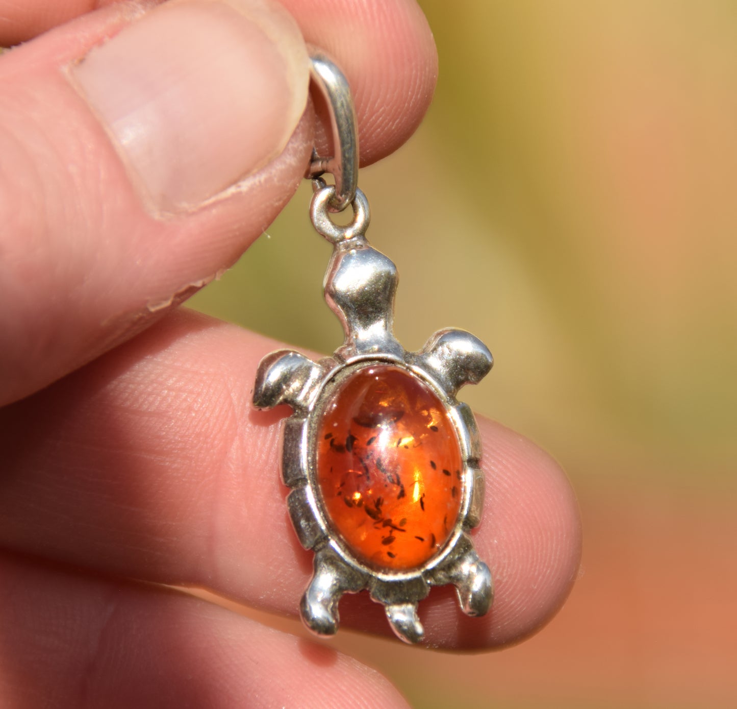 Luminous cognac brown natural Amber and 925 Sterling Silver turtle pendant, MJ Baltica, BW322
