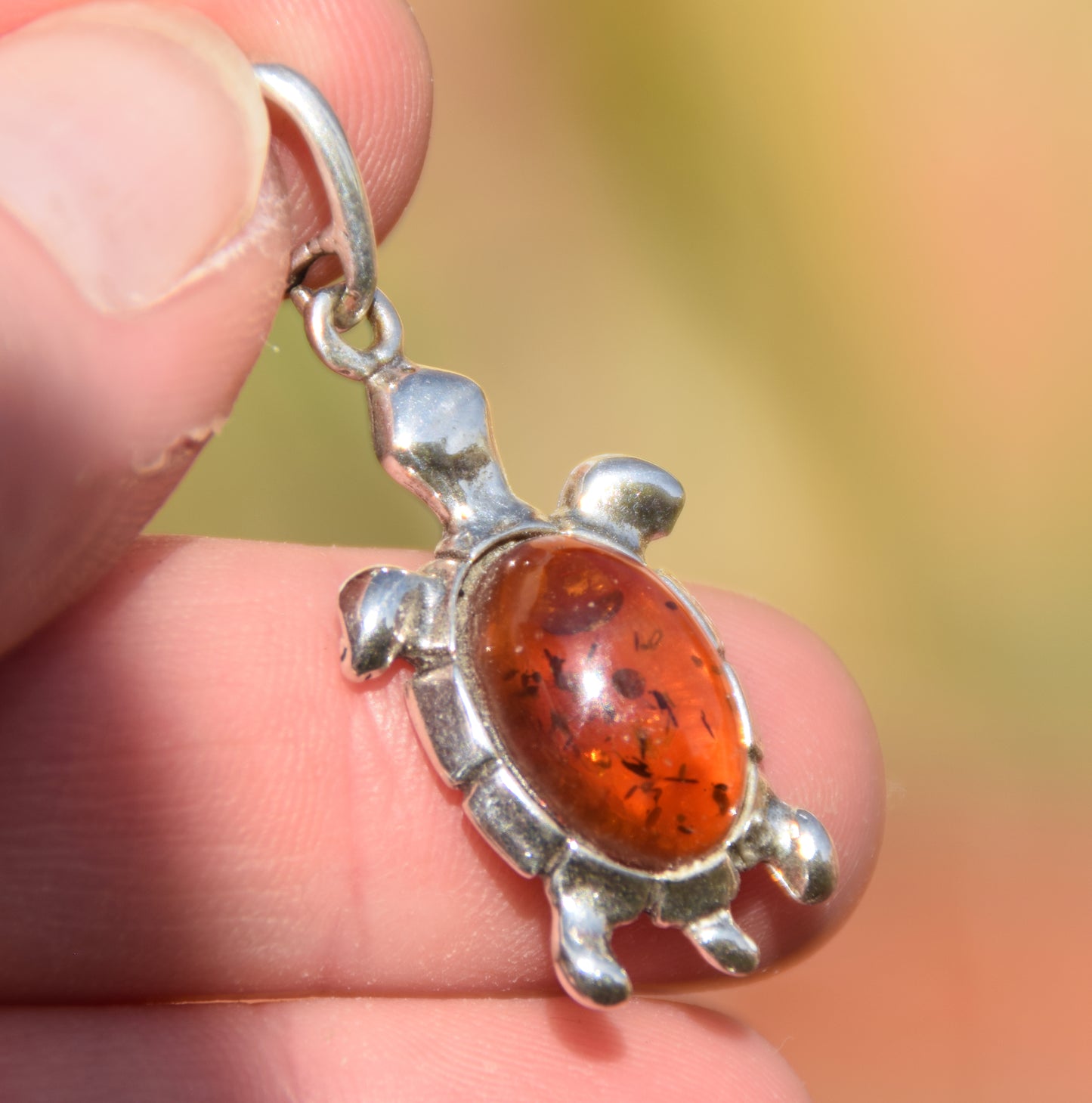 Luminous cognac brown natural Amber and 925 Sterling Silver turtle pendant, MJ Baltica, BW322