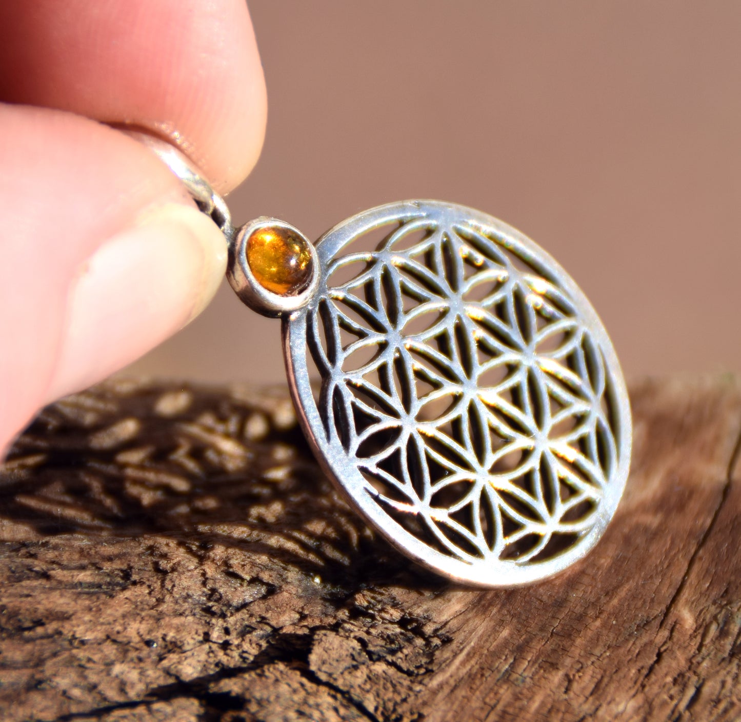 Bright cognac-colored natural Amber Tree of Life pendant in 925 Sterling Silver, MJ Baltica, BW325