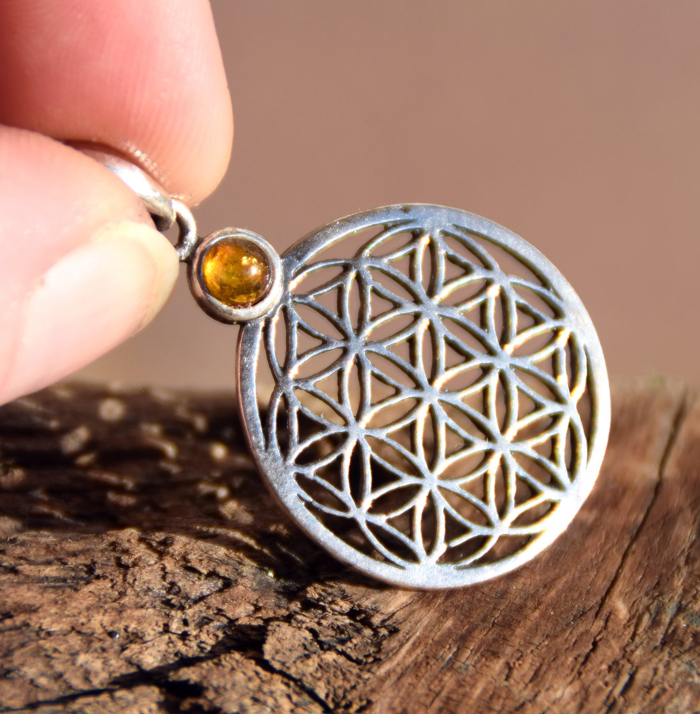 Bright cognac-colored natural Amber Tree of Life pendant in 925 Sterling Silver, MJ Baltica, BW325