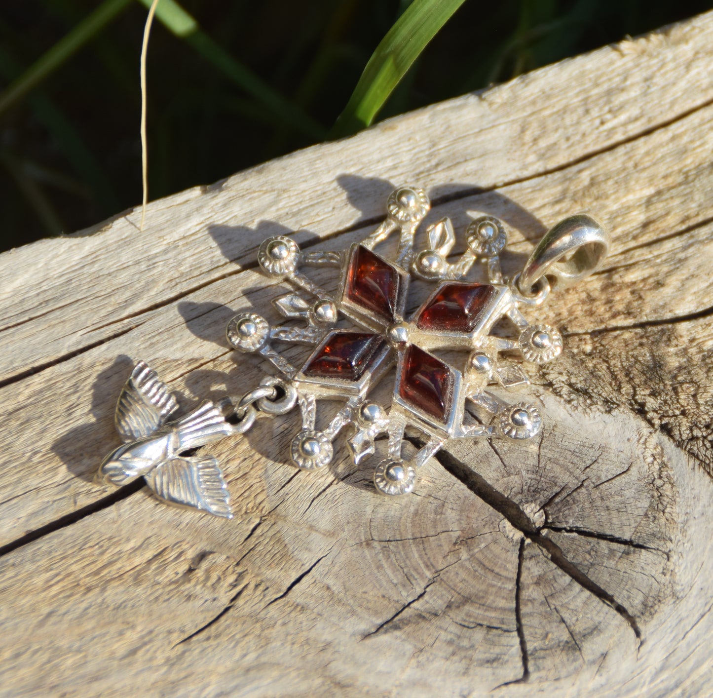 Cross-shaped pendant with a dove in natural brown amber and 925 Sterling Silver, MJ Baltica, BW326