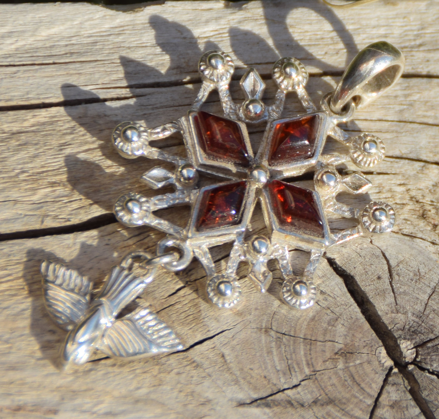 Cross-shaped pendant with a dove in natural brown amber and 925 Sterling Silver, MJ Baltica, BW326