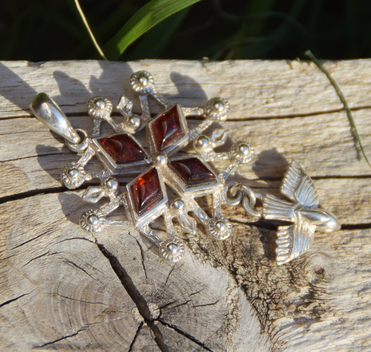 Cross-shaped pendant with a dove in natural brown amber and 925 Sterling Silver, MJ Baltica, BW326