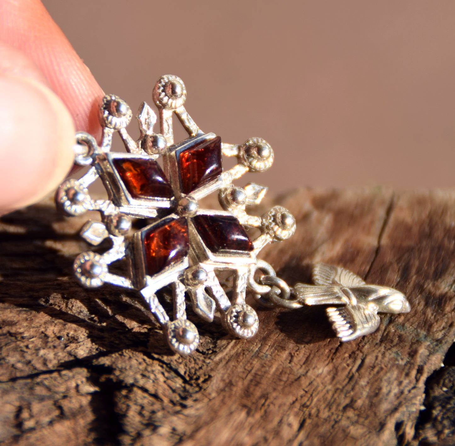 Cross-shaped pendant with a dove in natural brown amber and 925 Sterling Silver, MJ Baltica, BW326