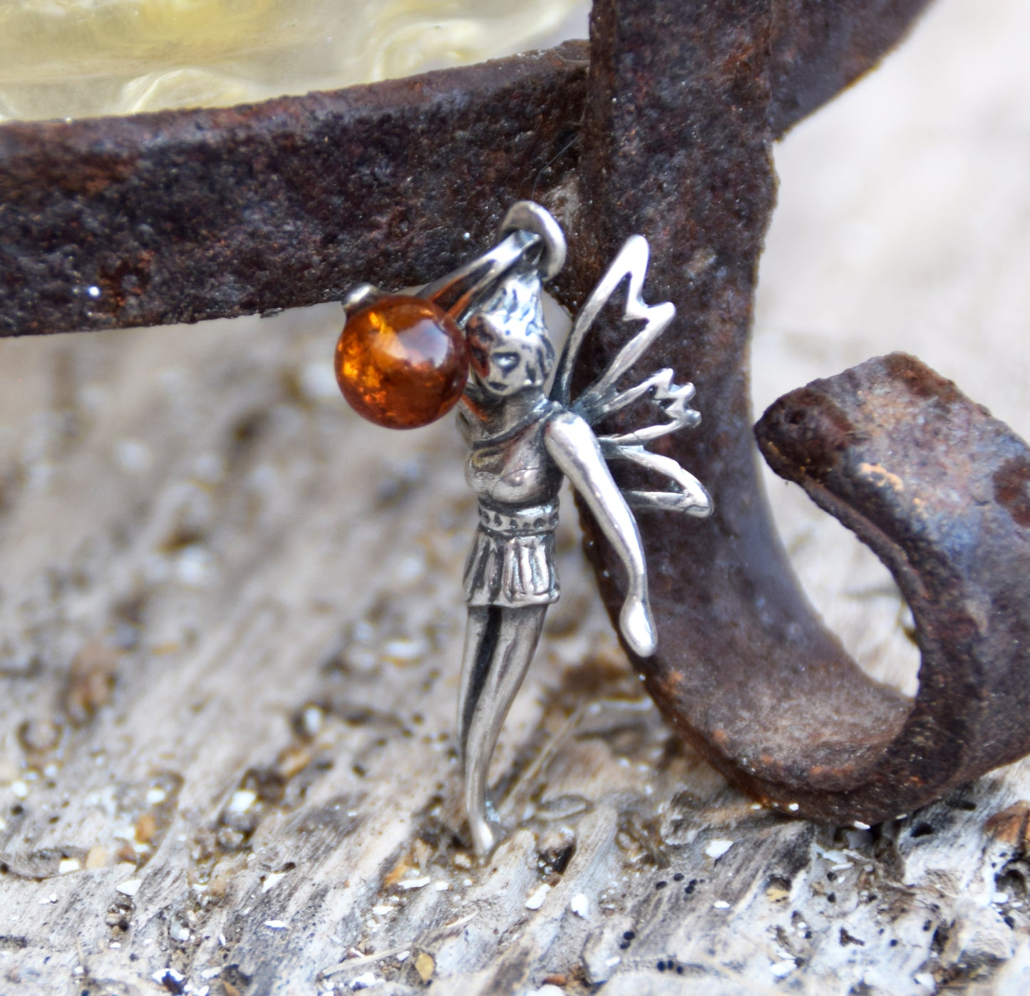 Delicate pendant with fairy in cognac-colored natural Amber and 925 Silver, MJ Baltica, BW328