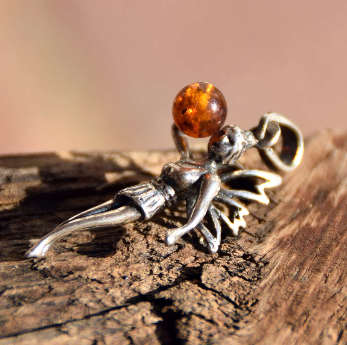 Delicate pendant with fairy in cognac-colored natural Amber and 925 Silver, MJ Baltica, BW328