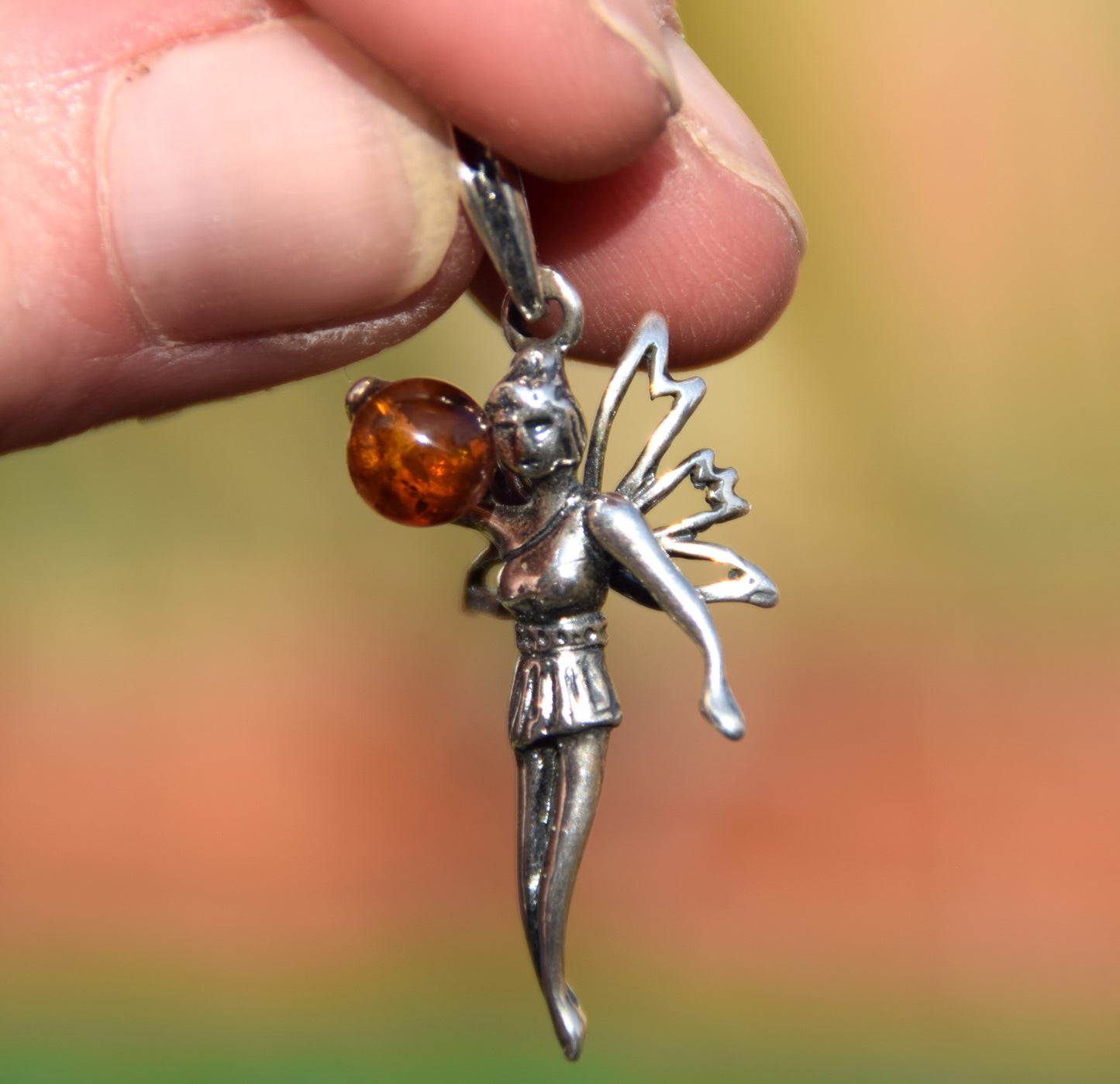 Delicate pendant with fairy in cognac-colored natural Amber and 925 Silver, MJ Baltica, BW328