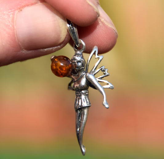 Delicate pendant with fairy in cognac-colored natural Amber and 925 Silver, MJ Baltica, BW328