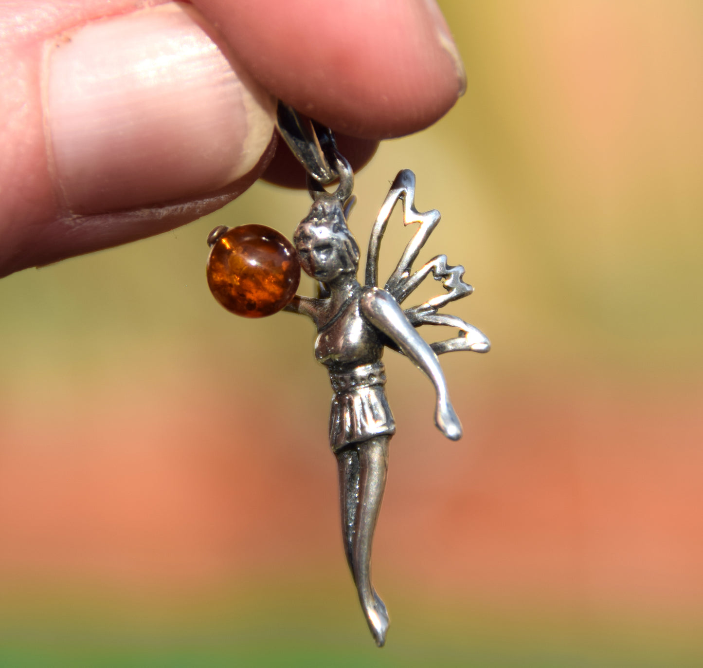 Delicate pendant with fairy in cognac-colored natural Amber and 925 Silver, MJ Baltica, BW328