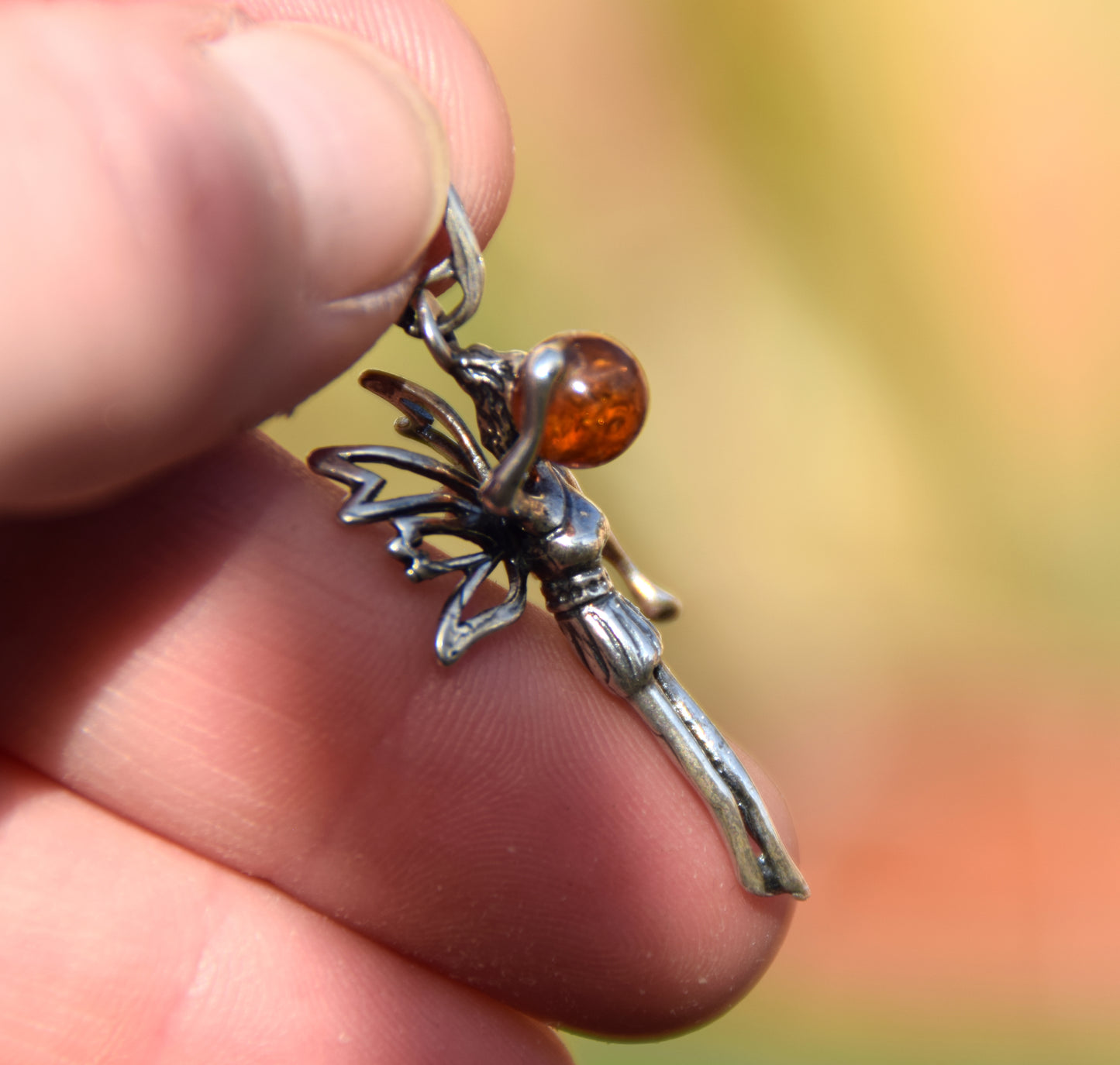 Delicate pendant with fairy in cognac-colored natural Amber and 925 Silver, MJ Baltica, BW328