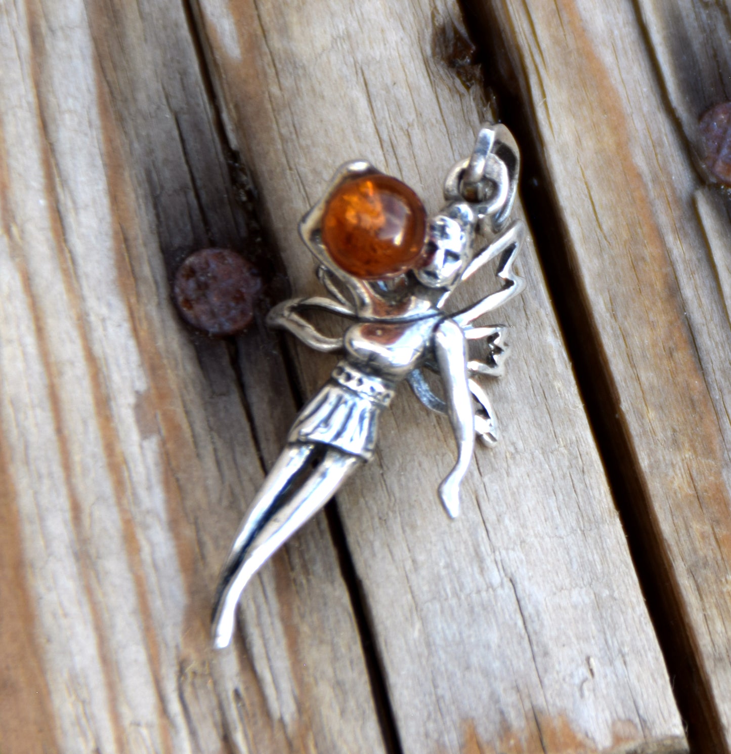 Delicate pendant with fairy in cognac-colored natural Amber and 925 Silver, MJ Baltica, BW328