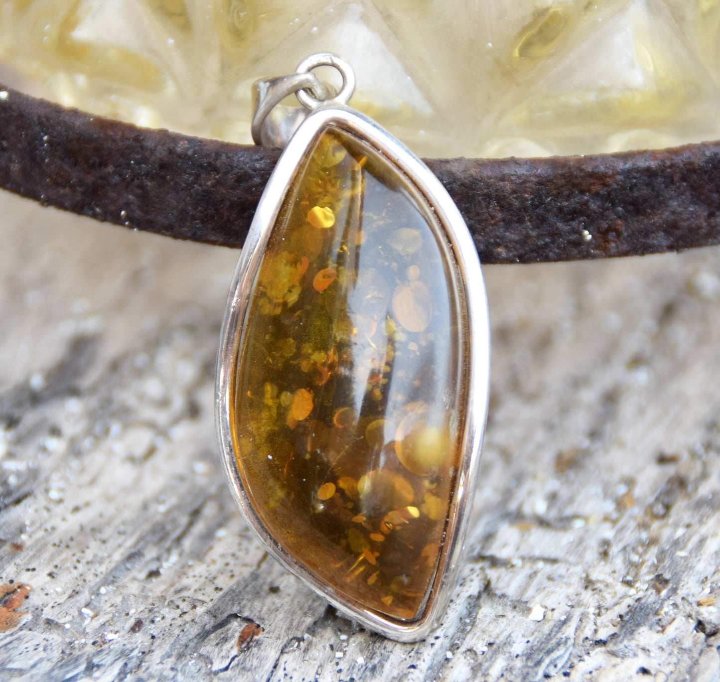 Large pendant with natural green amber and 925 silver, MJ Baltica, BW332