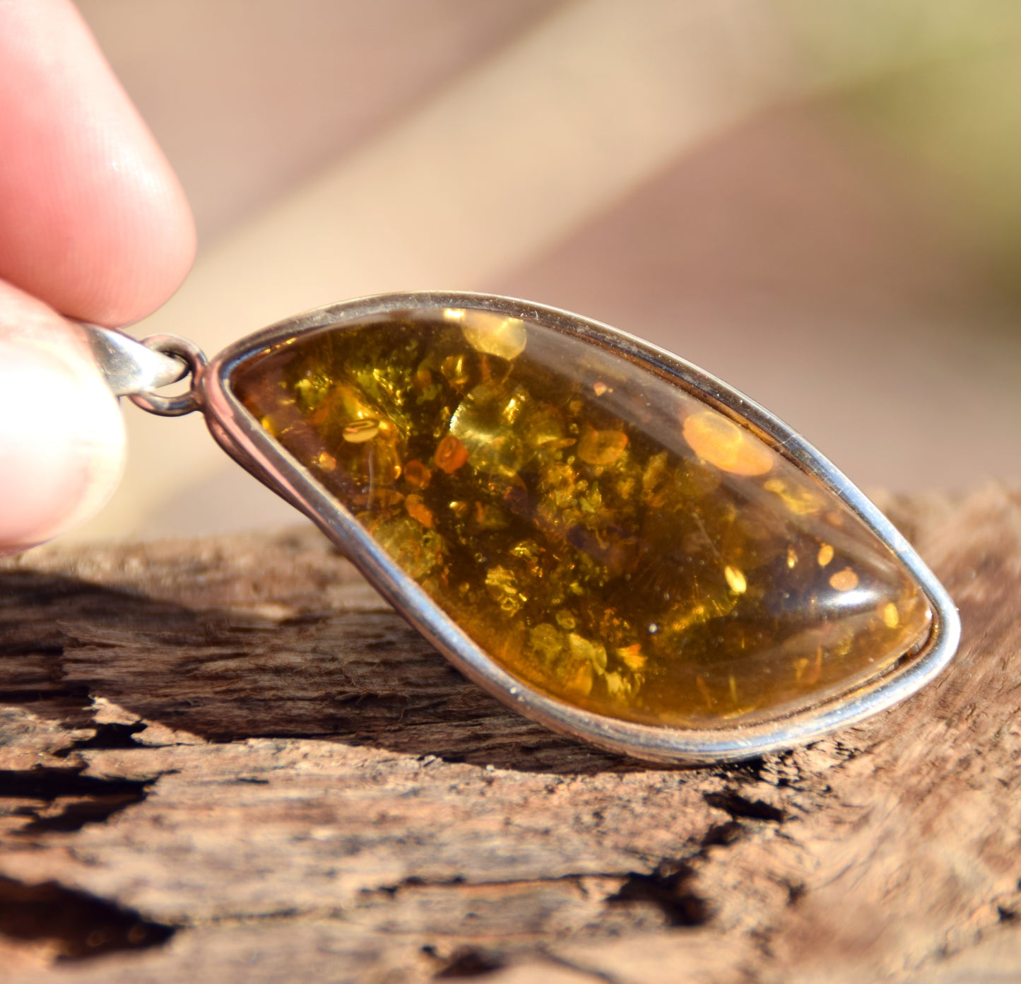 Large pendant with natural green amber and 925 silver, MJ Baltica, BW332