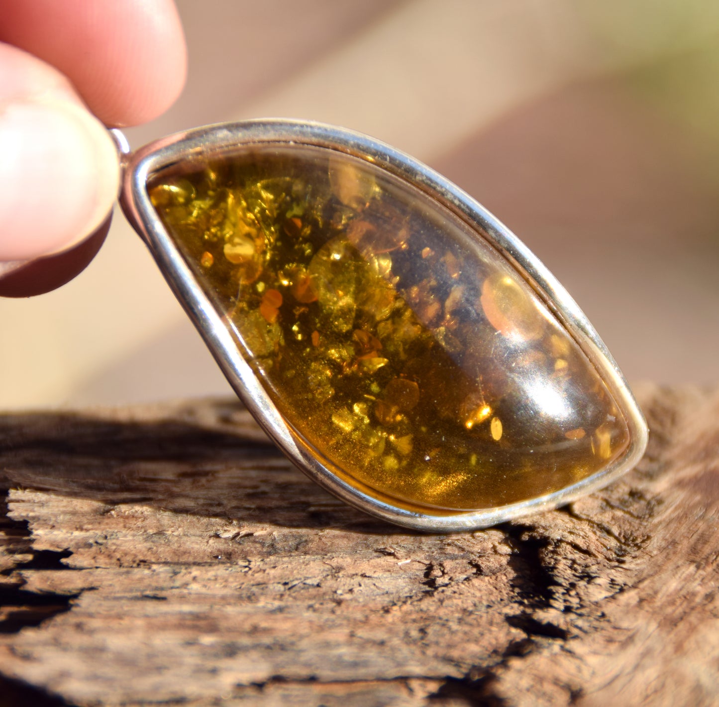 Large pendant with natural green amber and 925 silver, MJ Baltica, BW332