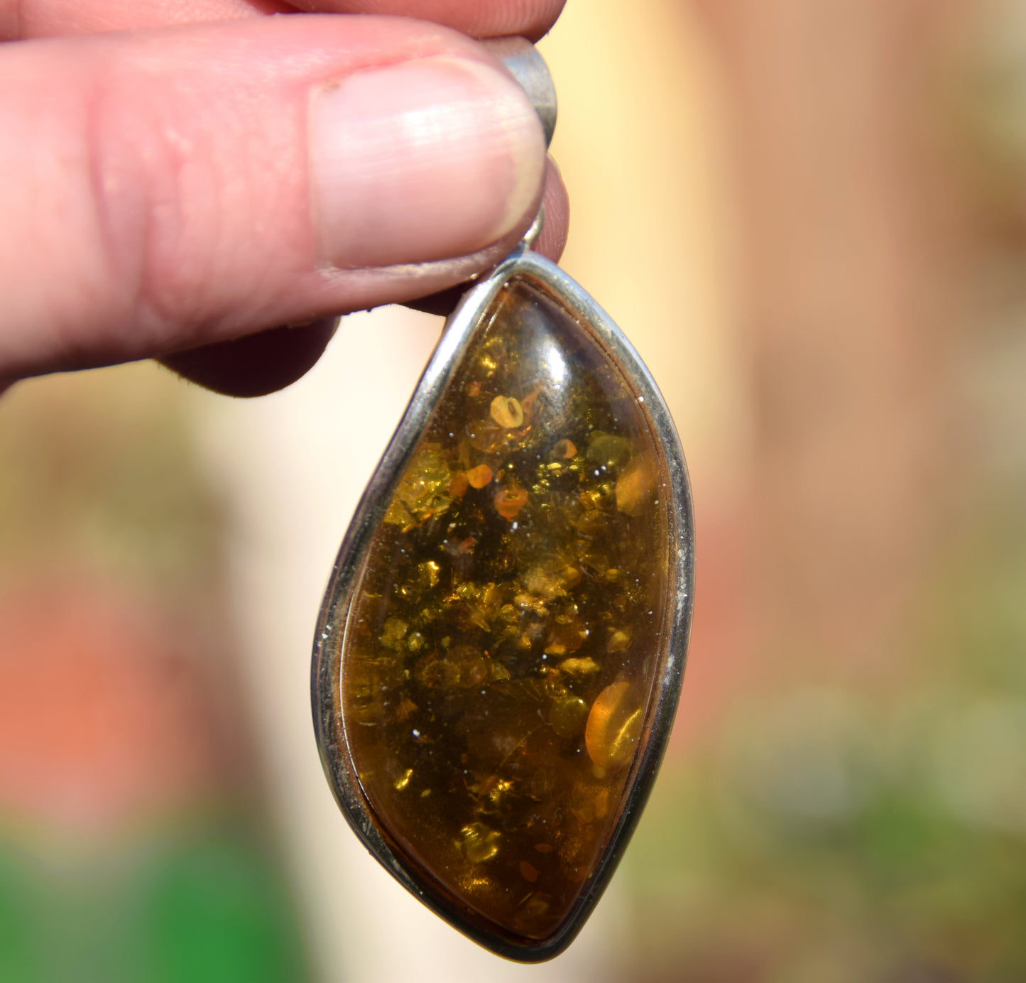 Large pendant with natural green amber and 925 silver, MJ Baltica, BW332