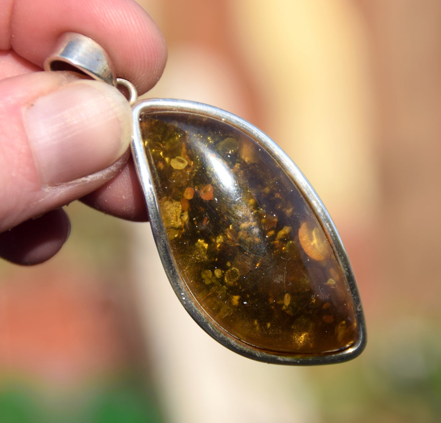 Large pendant with natural green amber and 925 silver, MJ Baltica, BW332