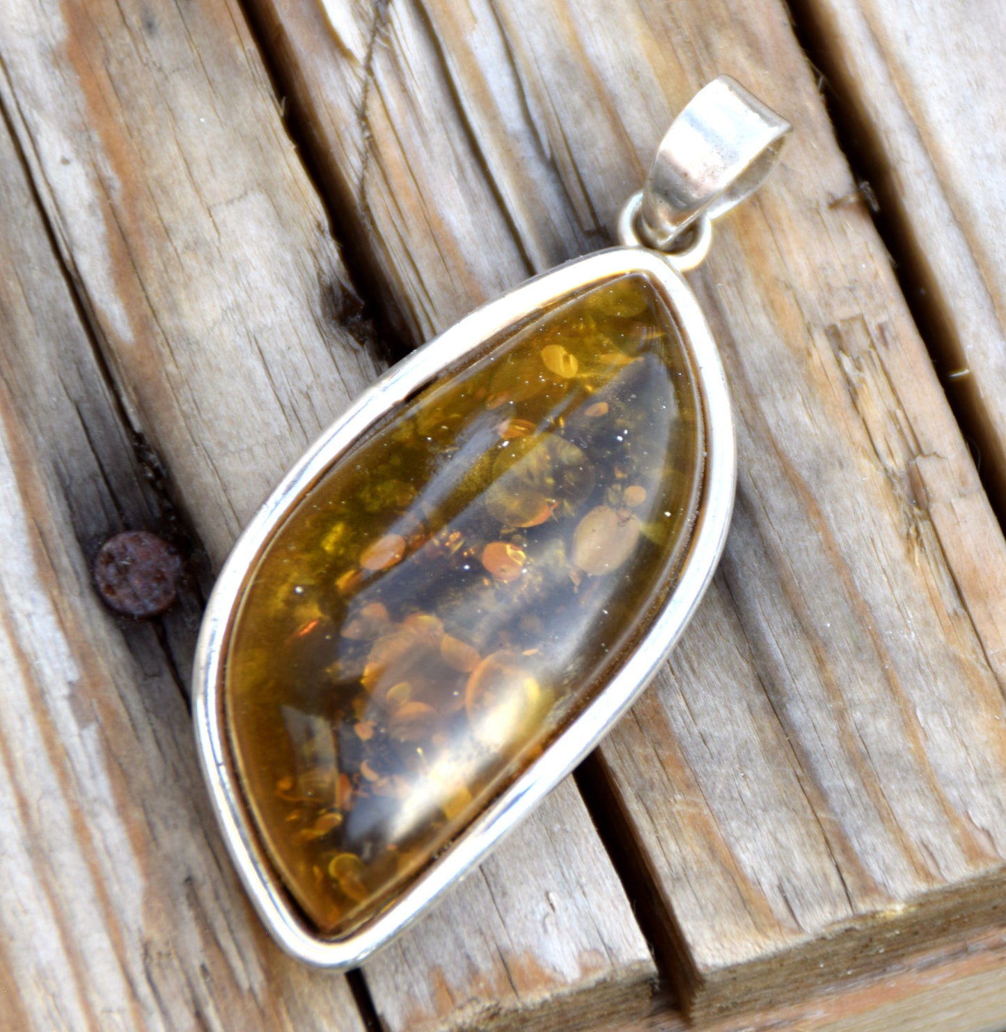 Large pendant with natural green amber and 925 silver, MJ Baltica, BW332