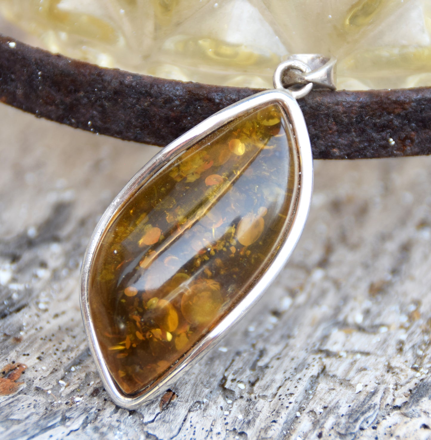 Large pendant with natural green amber and 925 silver, MJ Baltica, BW332