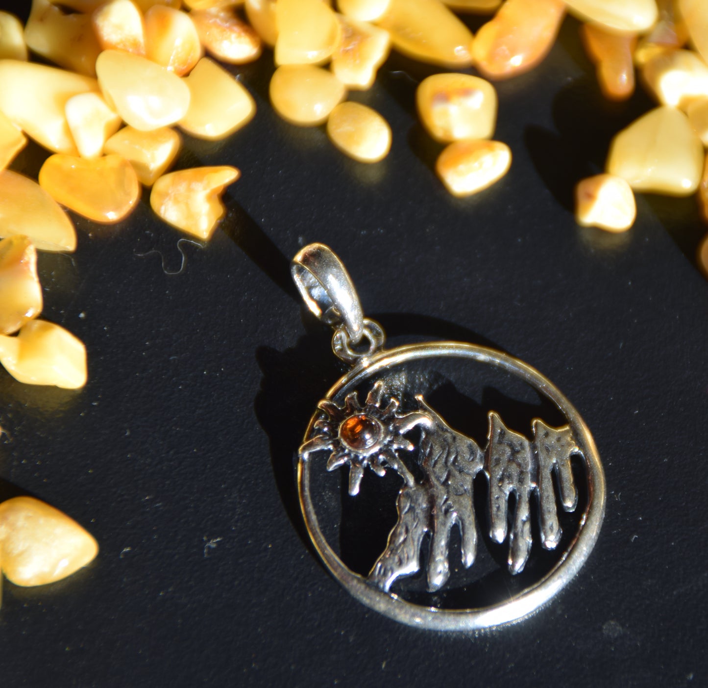 Cognac Amber and Sterling Silver Mountain Landscape Pendant, MJ Baltica, BW333
