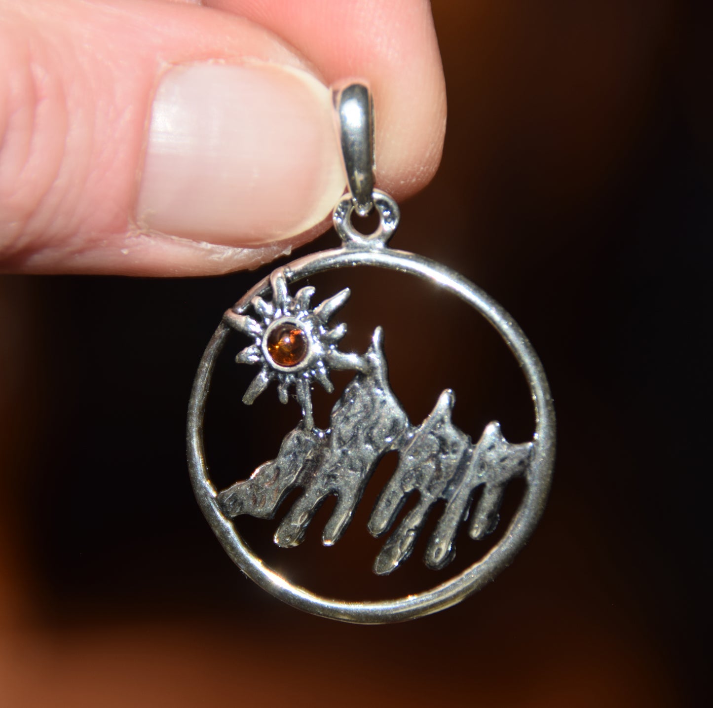 Cognac Amber and Sterling Silver Mountain Landscape Pendant, MJ Baltica, BW333