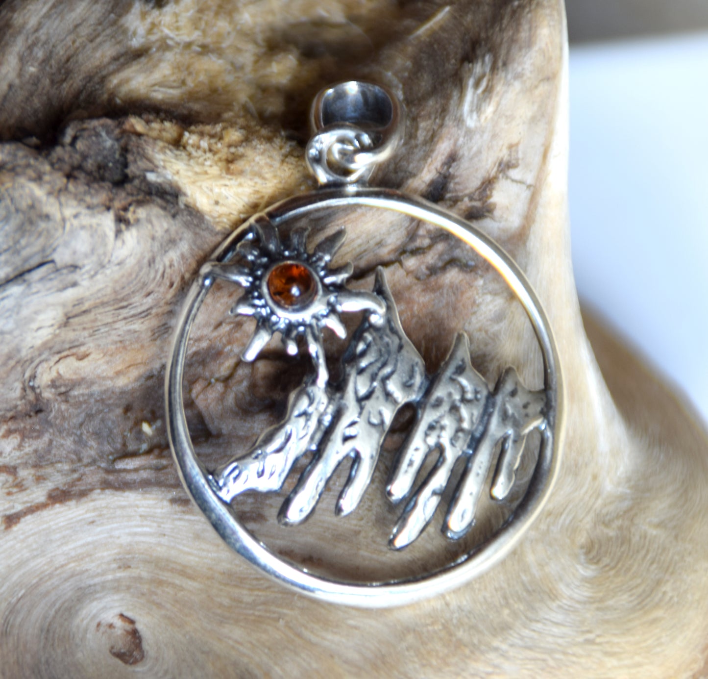 Cognac Amber and Sterling Silver Mountain Landscape Pendant, MJ Baltica, BW333