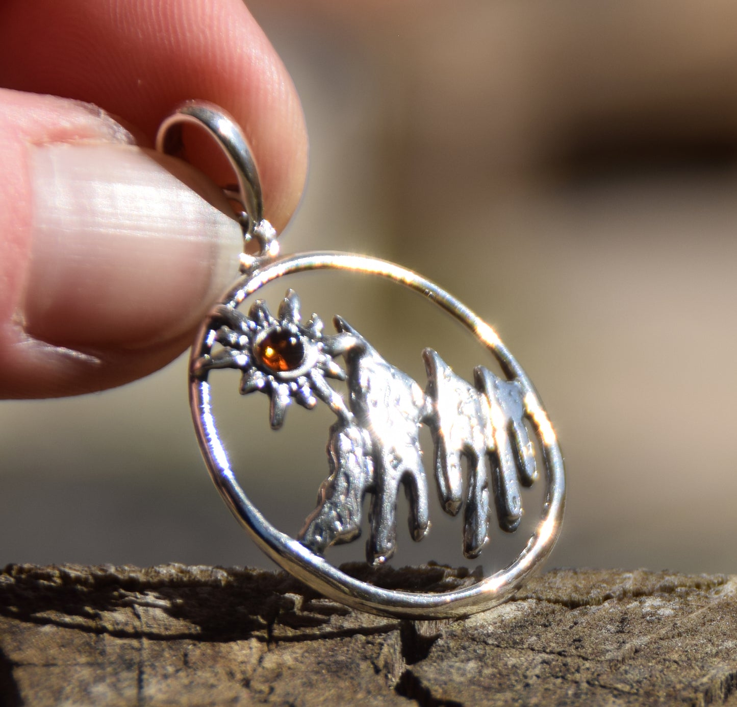 Cognac Amber and Sterling Silver Mountain Landscape Pendant, MJ Baltica, BW333