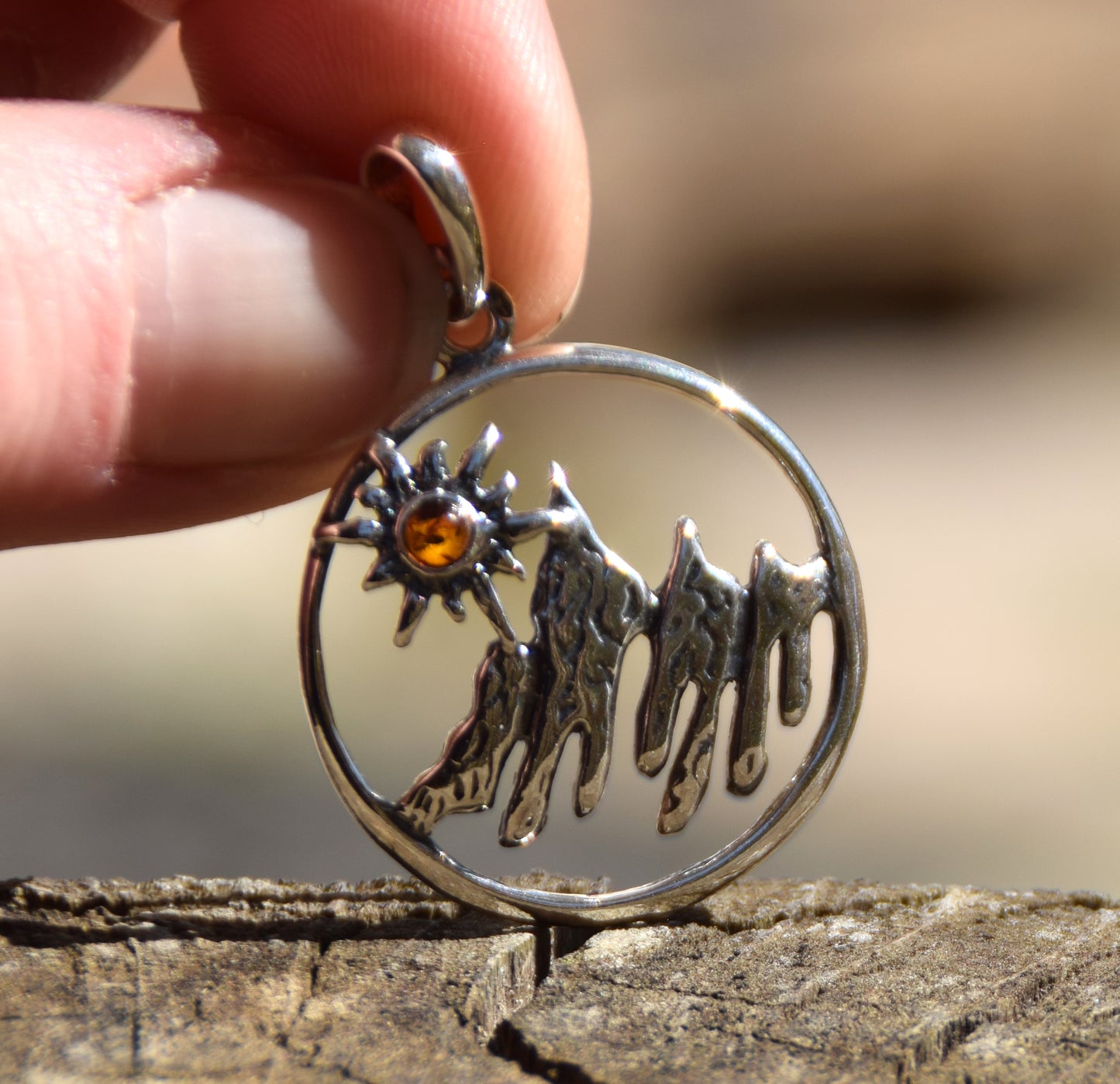Cognac Amber and Sterling Silver Mountain Landscape Pendant, MJ Baltica, BW333